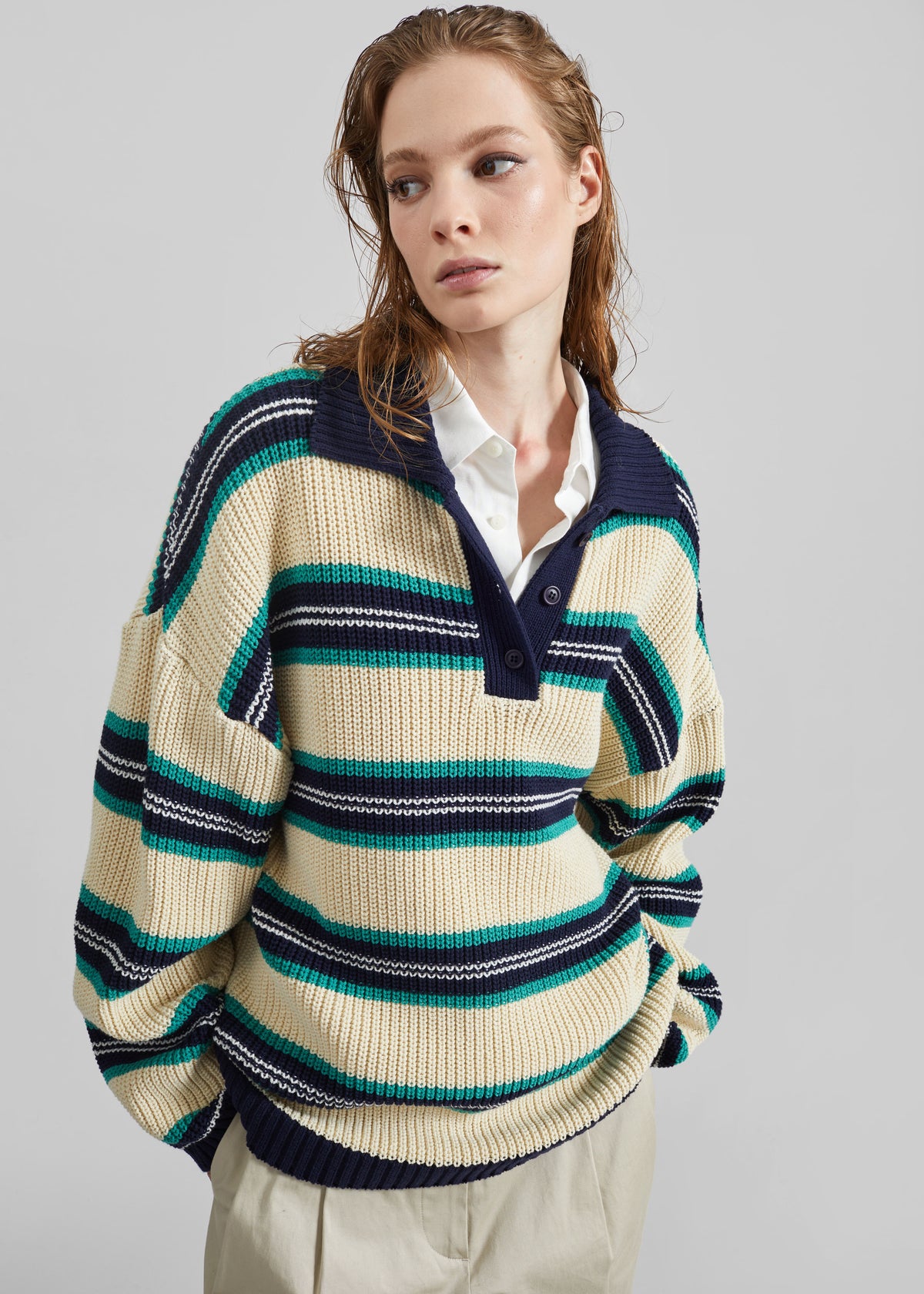 Nordby Knit Polo Sweater - Cream/Navy Stripe - 4