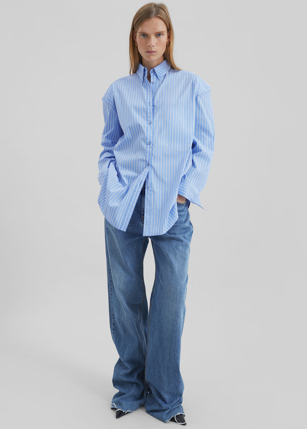 Oana Cotton Padded Shirt - Blue/White Stripe