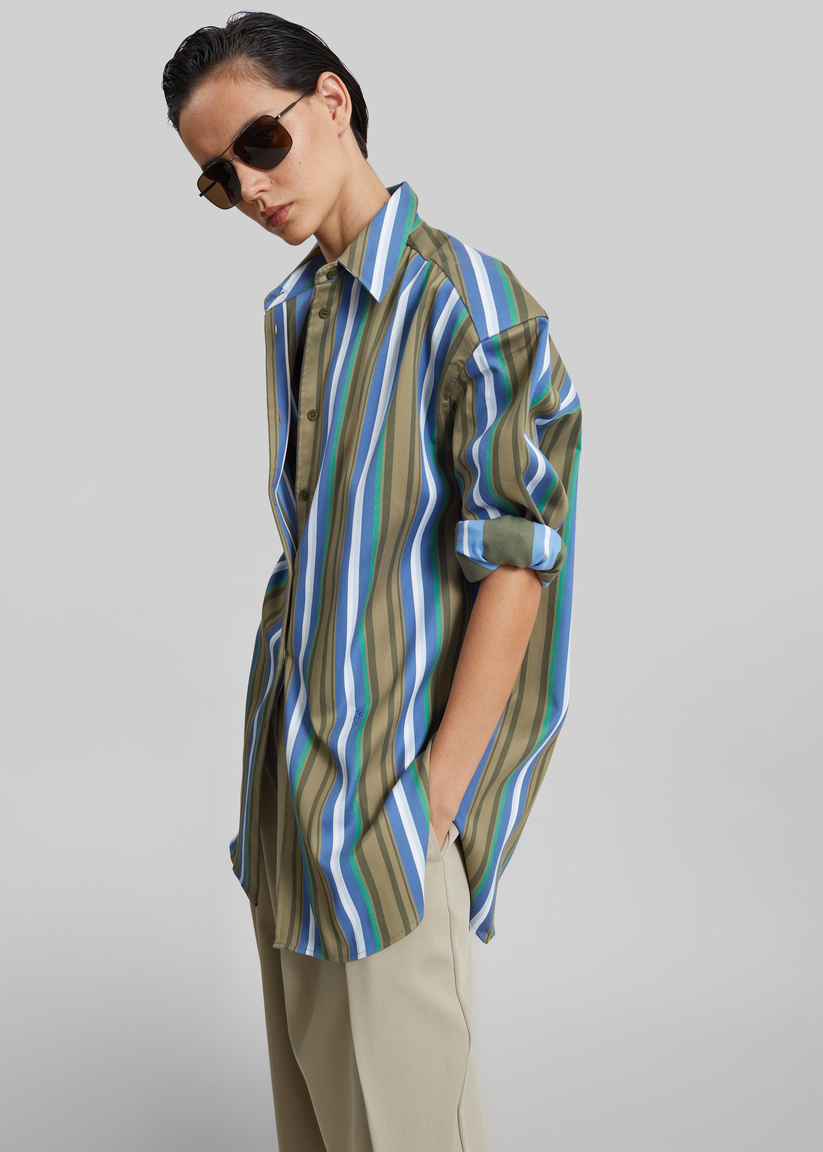 Oana Cotton Padded Shirt - Green Multi Stripe - 5