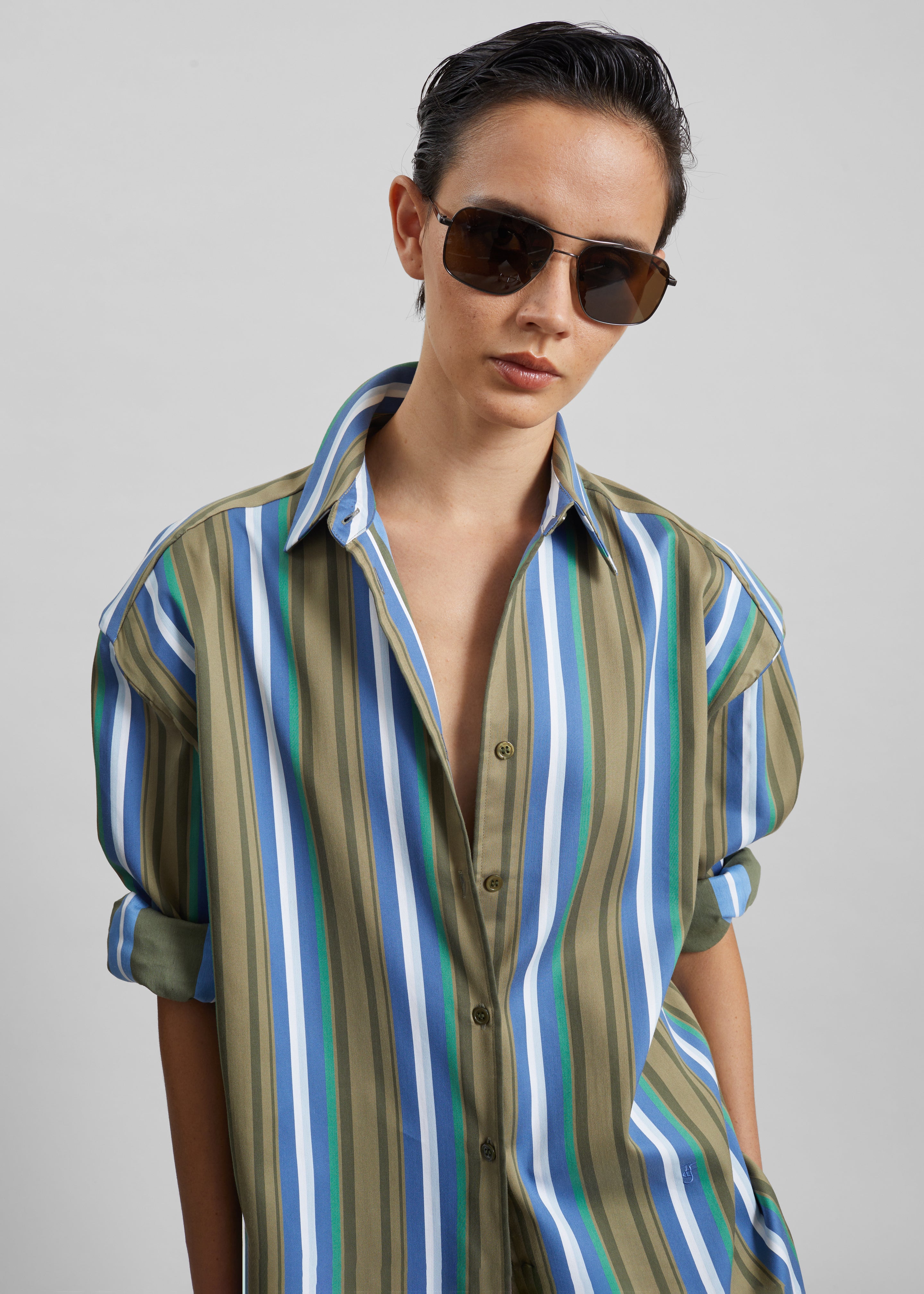 Oana Cotton Padded Shirt - Green Multi Stripe - 3