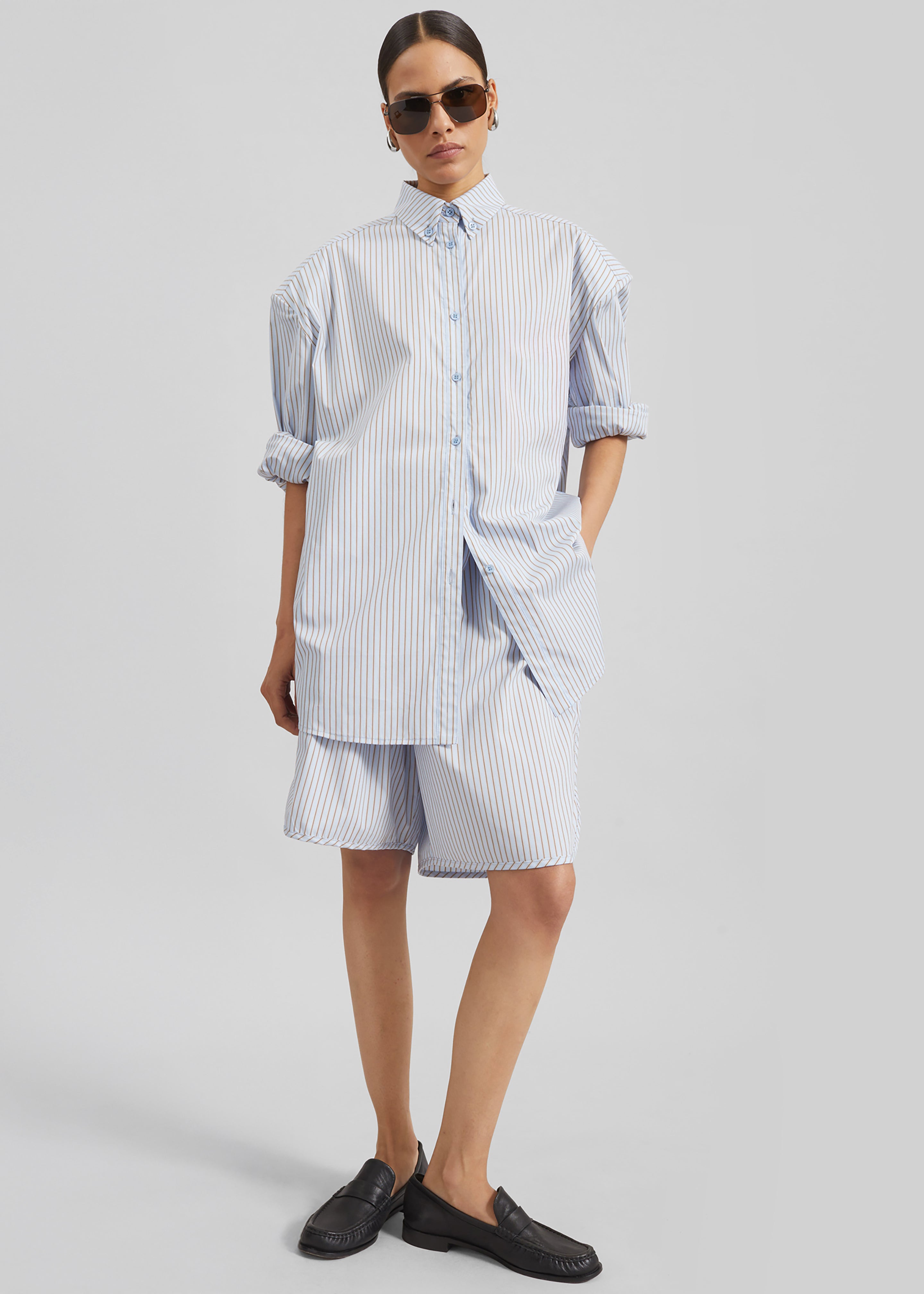 Oana Cotton Padded Shirt - Light Blue/Brown Stripe - 6