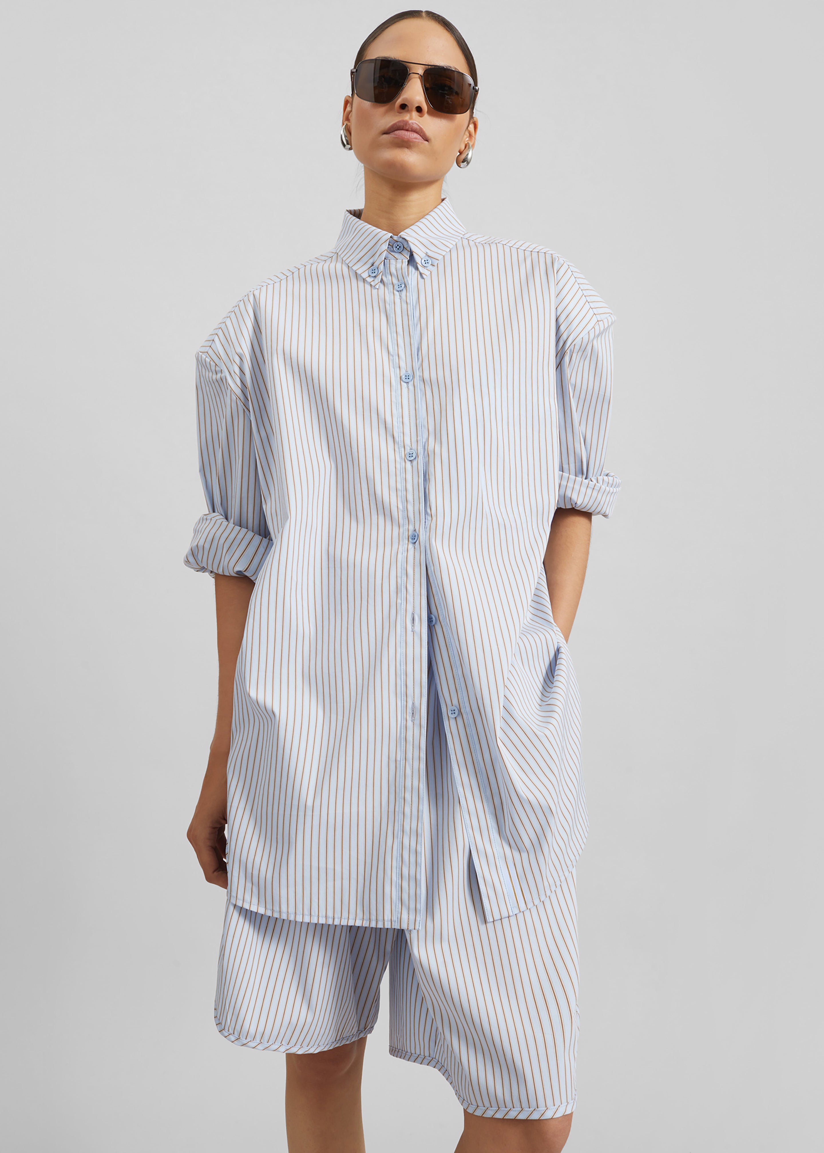 Oana Cotton Padded Shirt - Light Blue/Brown Stripe - 7