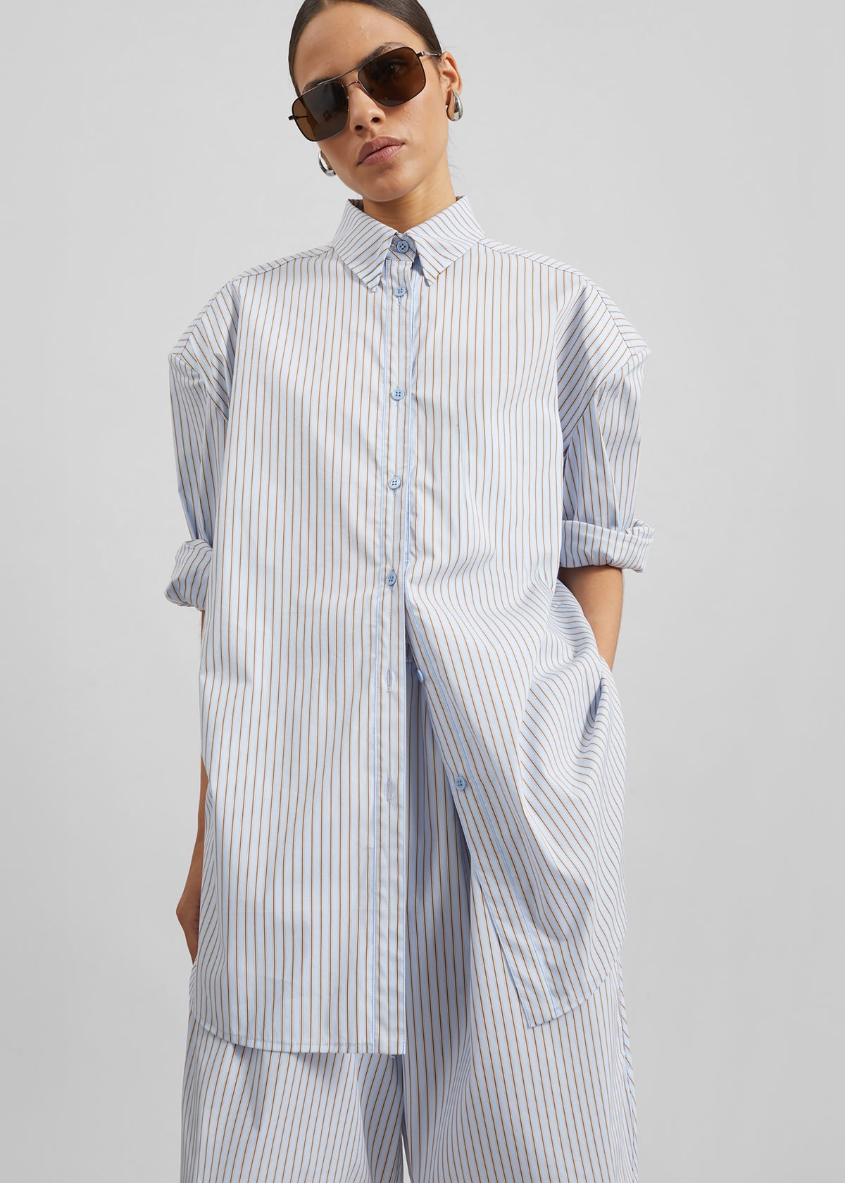 Oana Cotton Padded Shirt - Light Blue/Brown Stripe - 3
