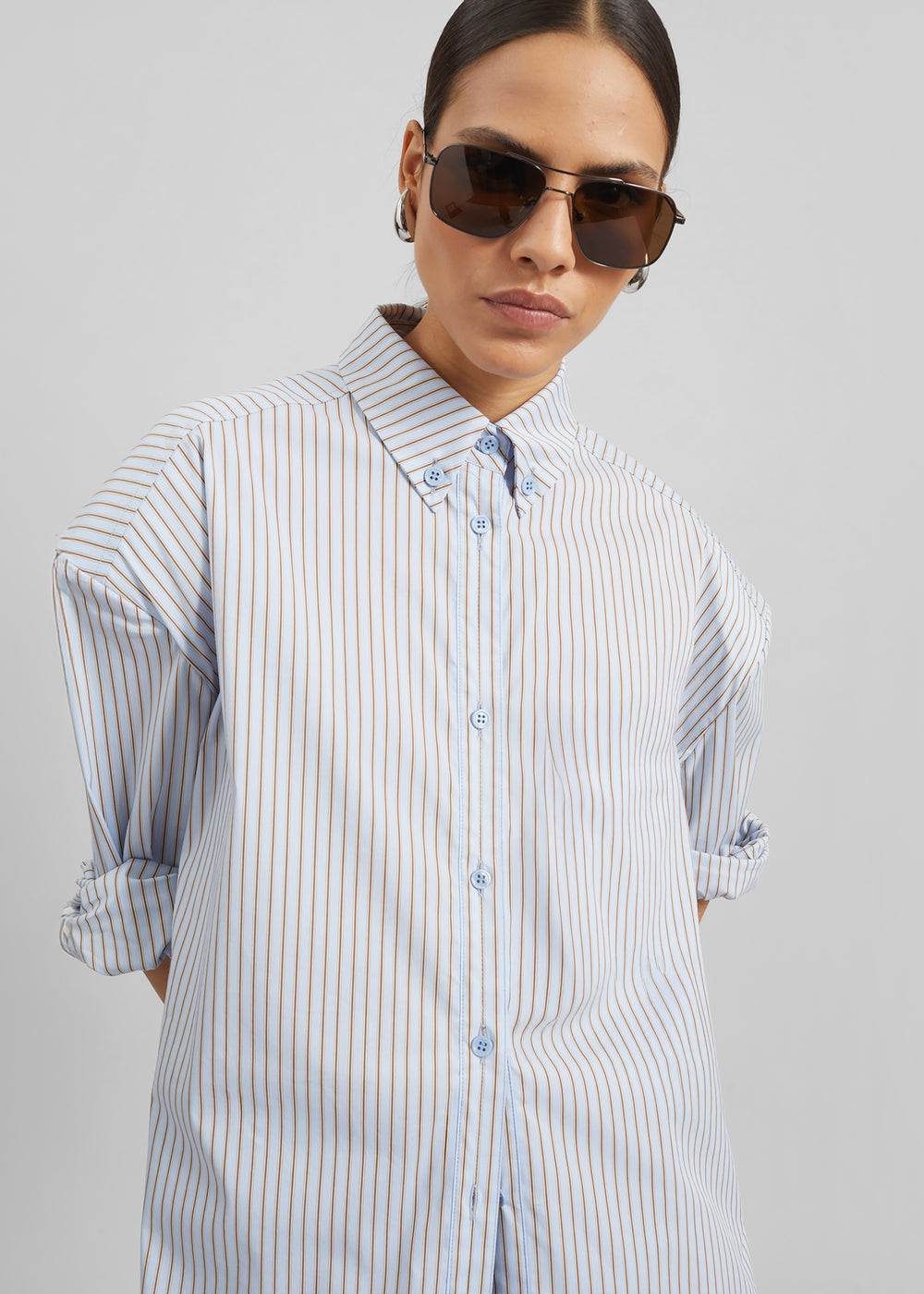 Oana Cotton Padded Shirt - Light Blue/Brown Stripe - 1