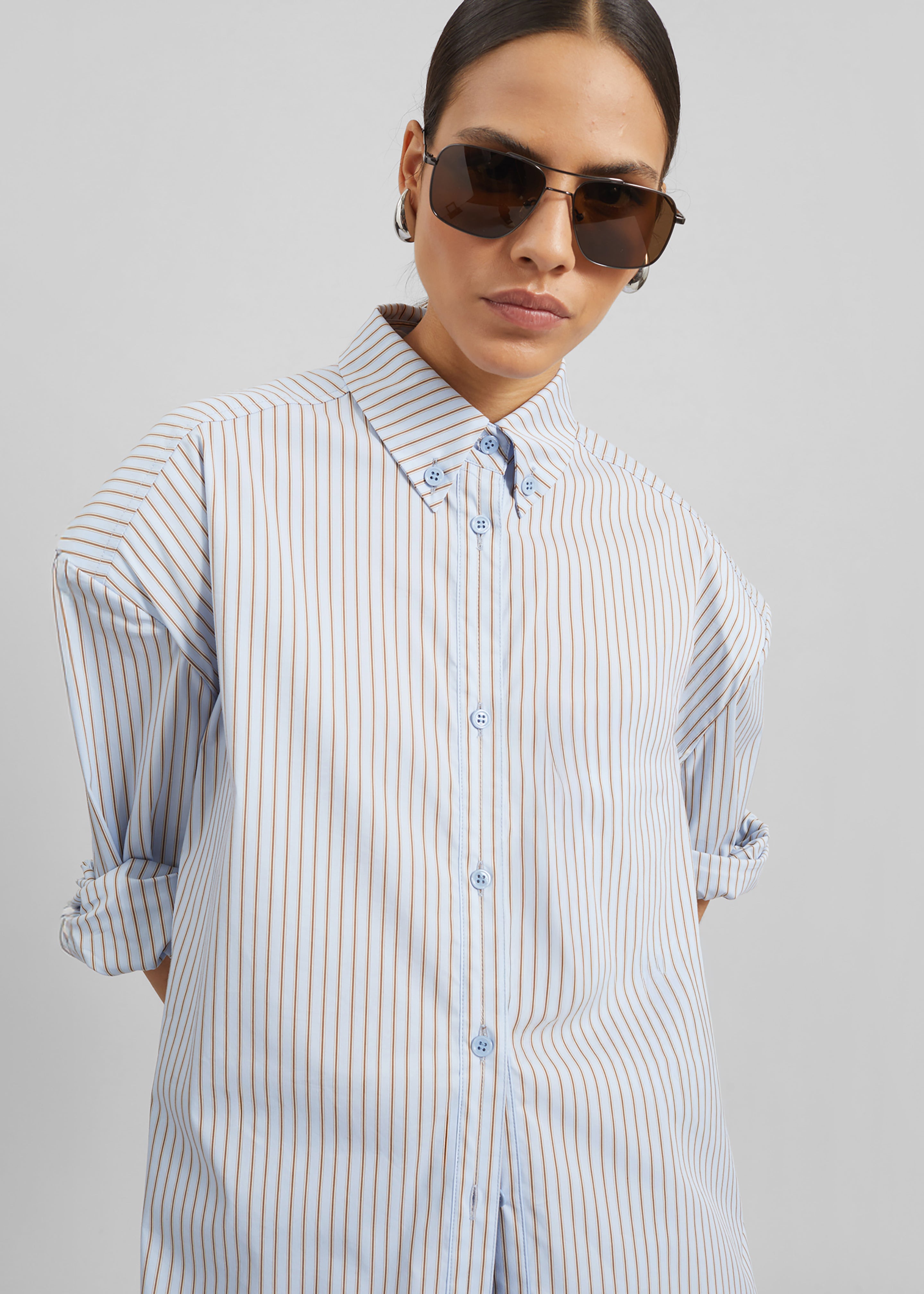 Oana Cotton Padded Shirt - Light Blue/Brown Stripe - 2