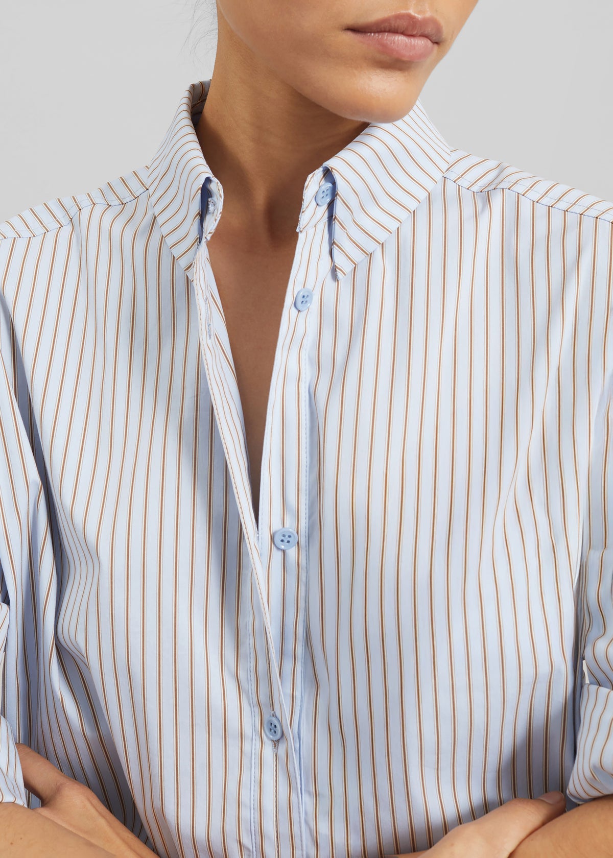 Oana Cotton Padded Shirt - Light Blue/Brown Stripe - 5