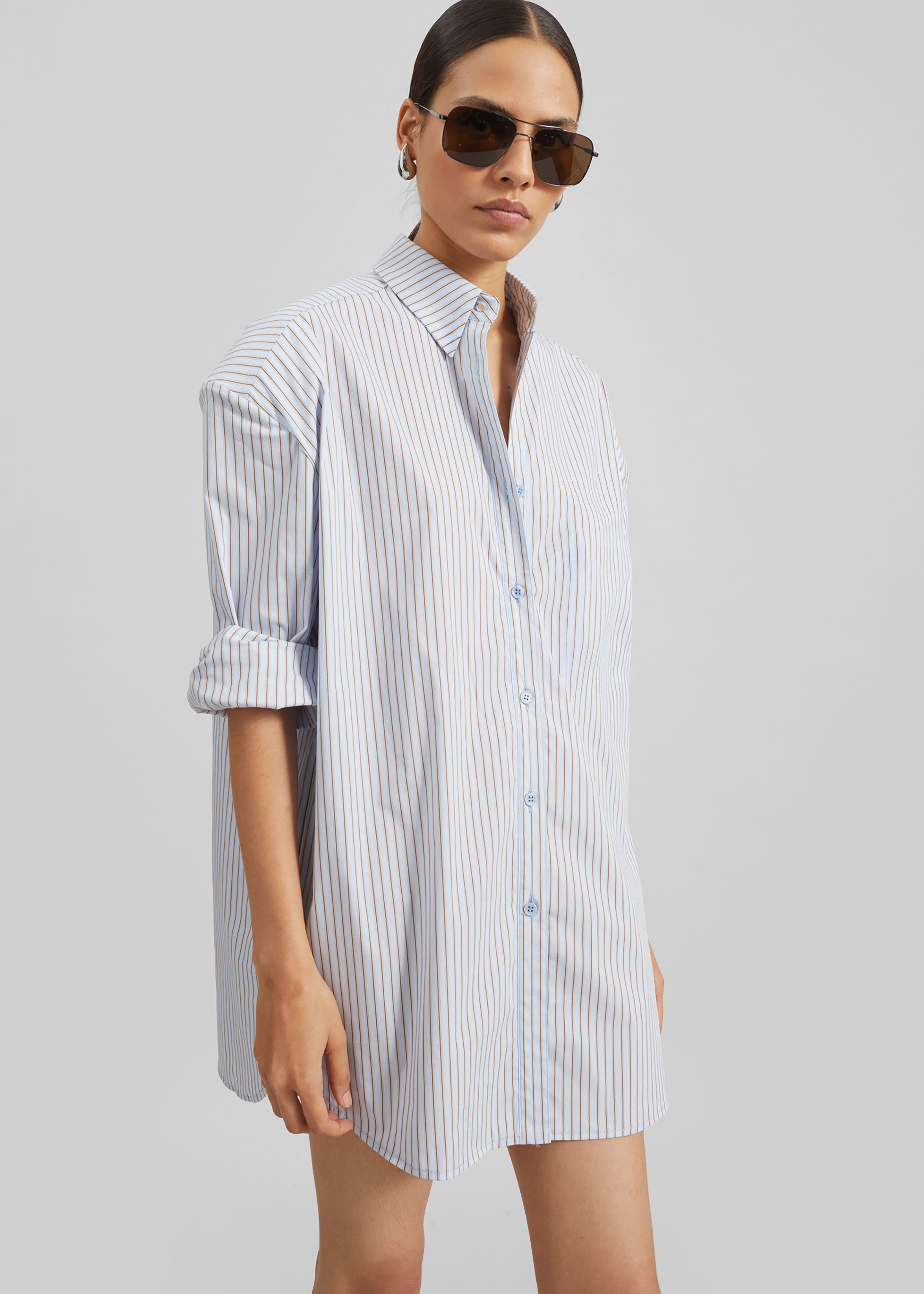 Oana Cotton Padded Shirt - Light Blue/Brown Stripe - 1