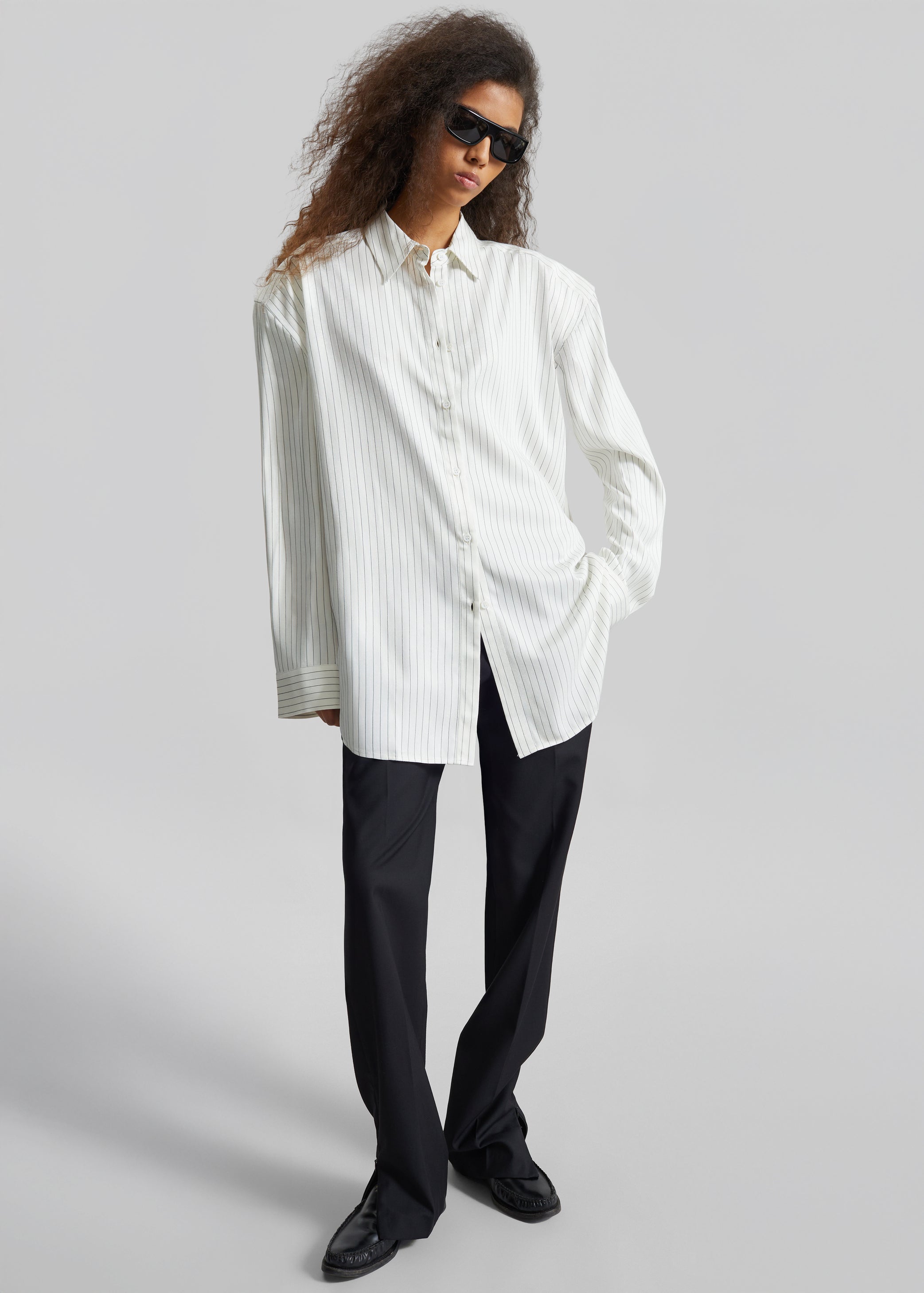 Shop the look image for Oana Fluid Button-Up Shirt - White/Black Stripe
