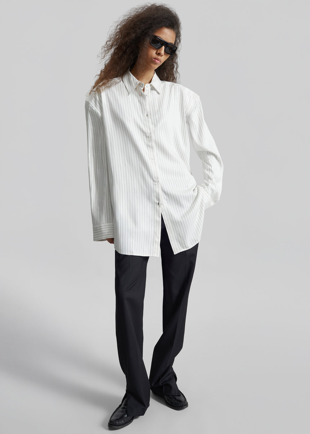 Oana Fluid Button-Up Shirt - White/Black Stripe - 1