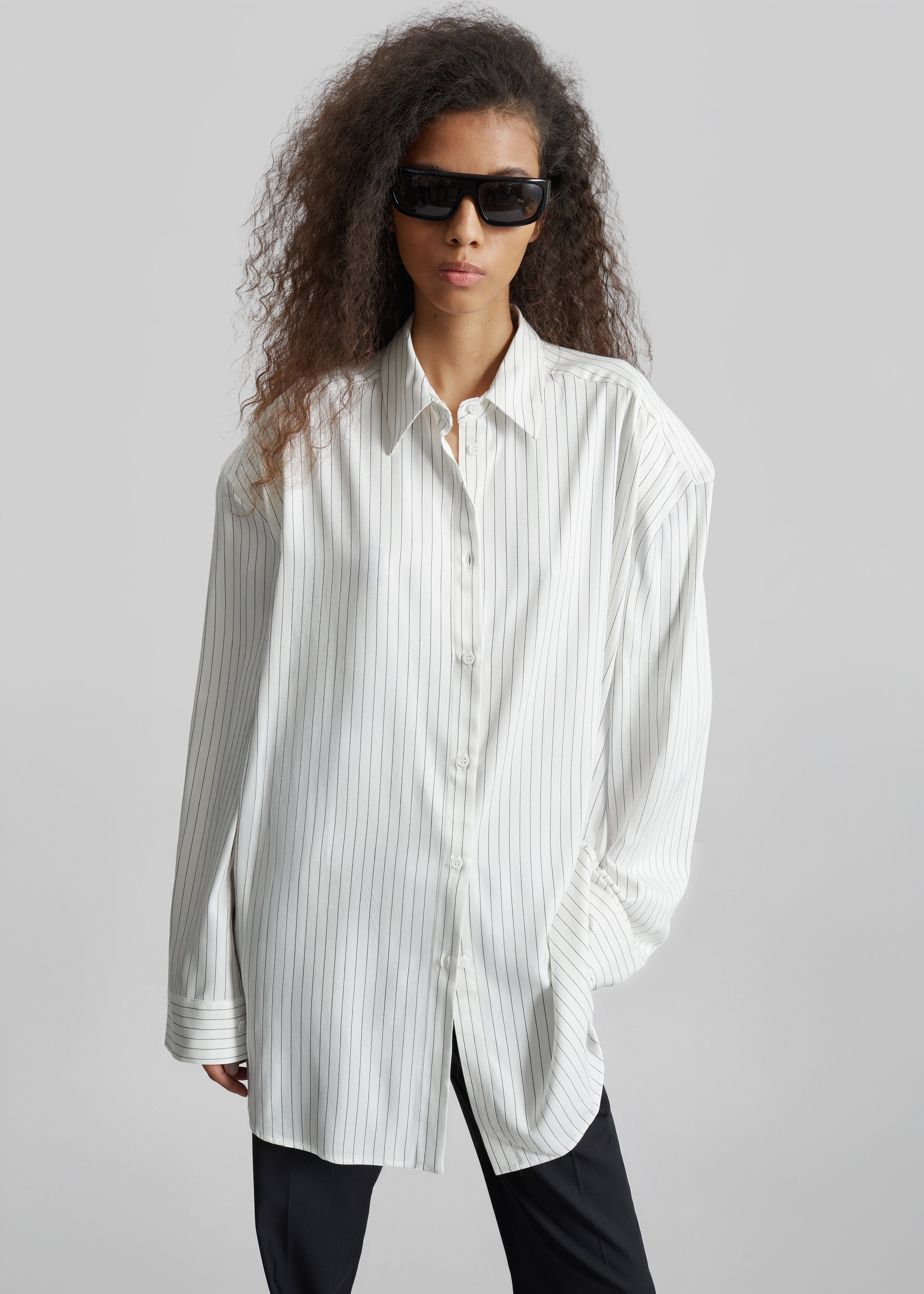 Oana Fluid Button-Up Shirt - White/Black Stripe - 3