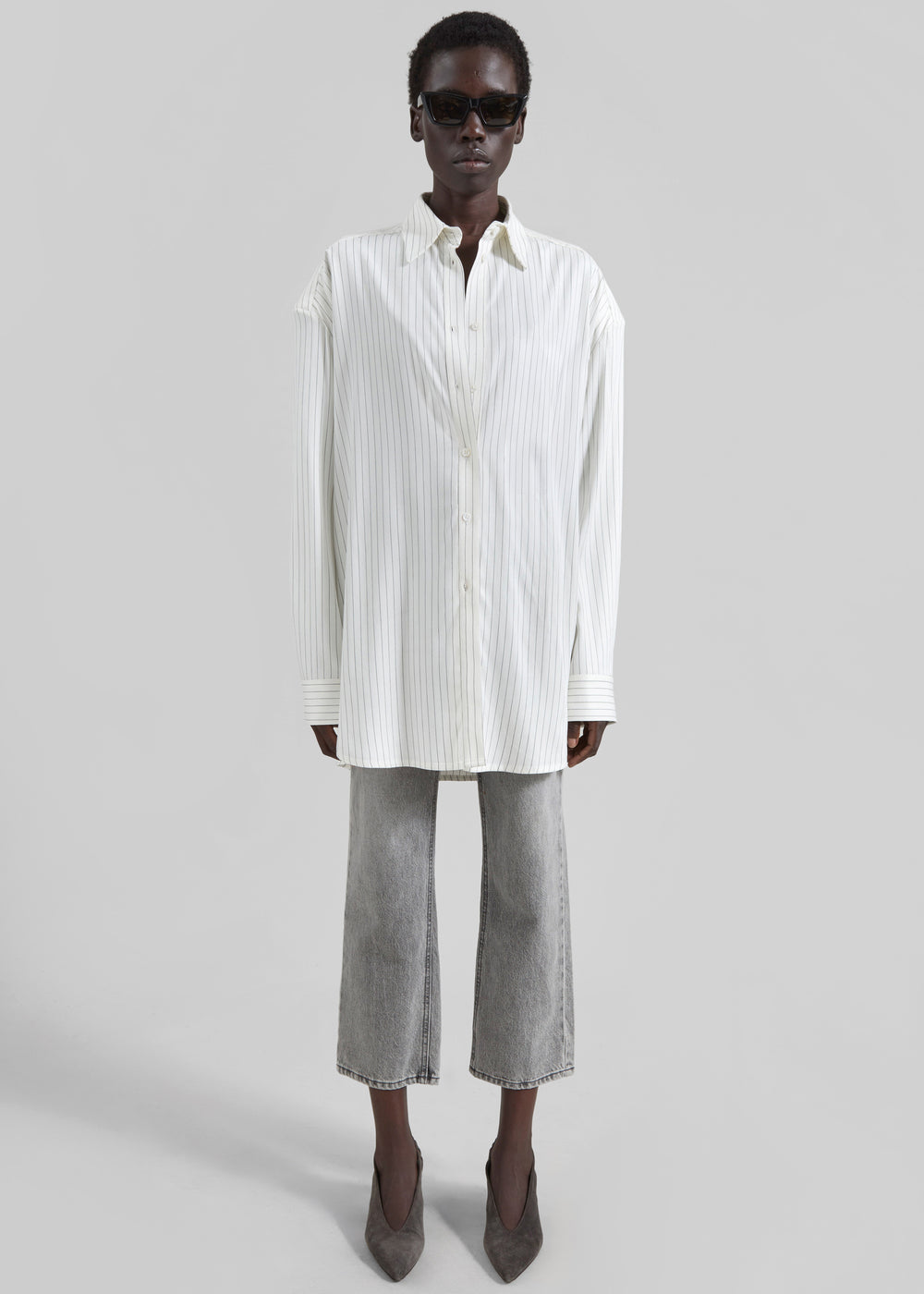 Oana Fluid Button-Up Shirt - White/Black Stripe