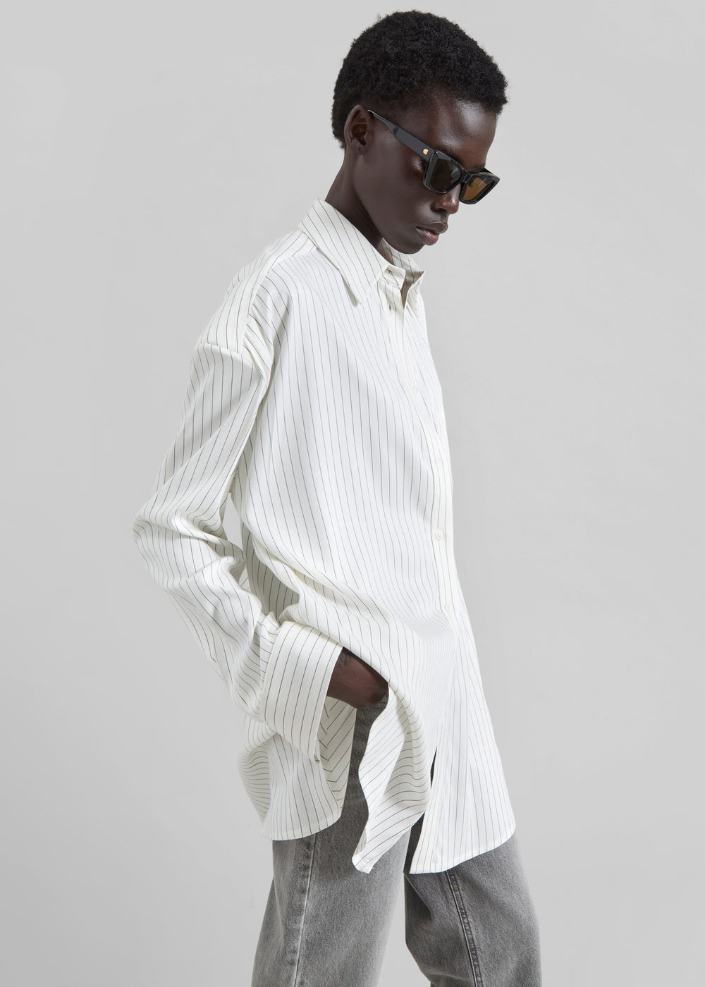 Oana Fluid Button-Up Shirt - White/Black Stripe - 1