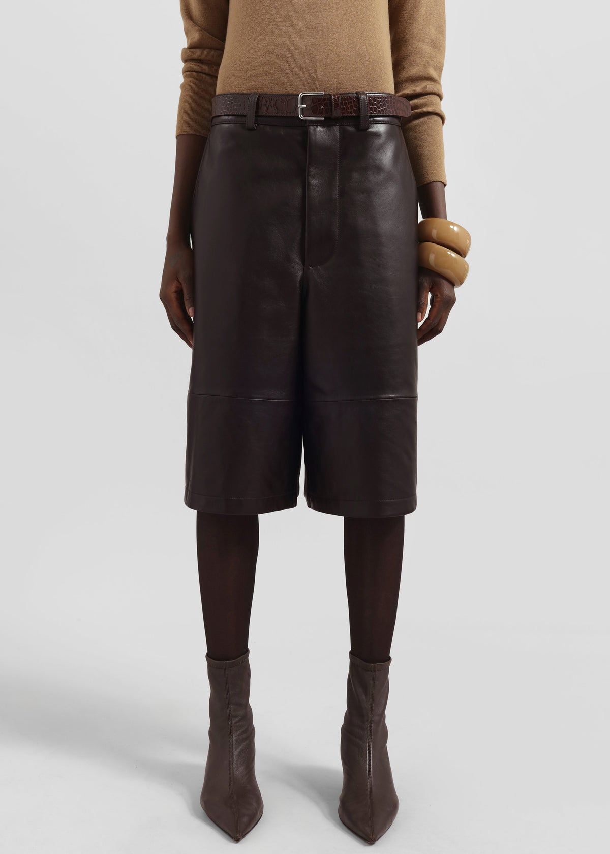 Olivia Leather Bermuda Shorts - Dark Brown - 2