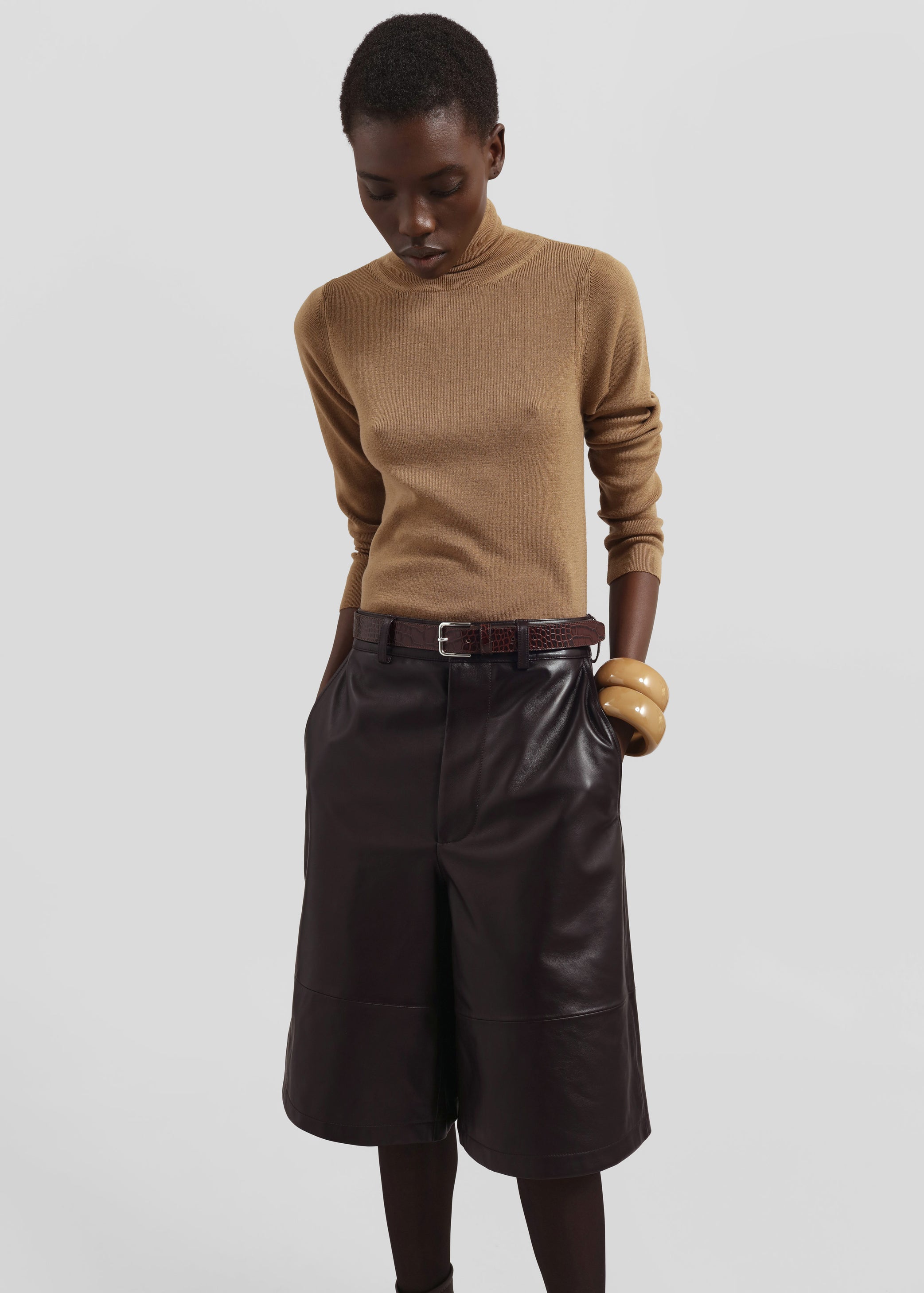 Shop the look image for Olivia Leather Bermuda Shorts - Dark Brown
