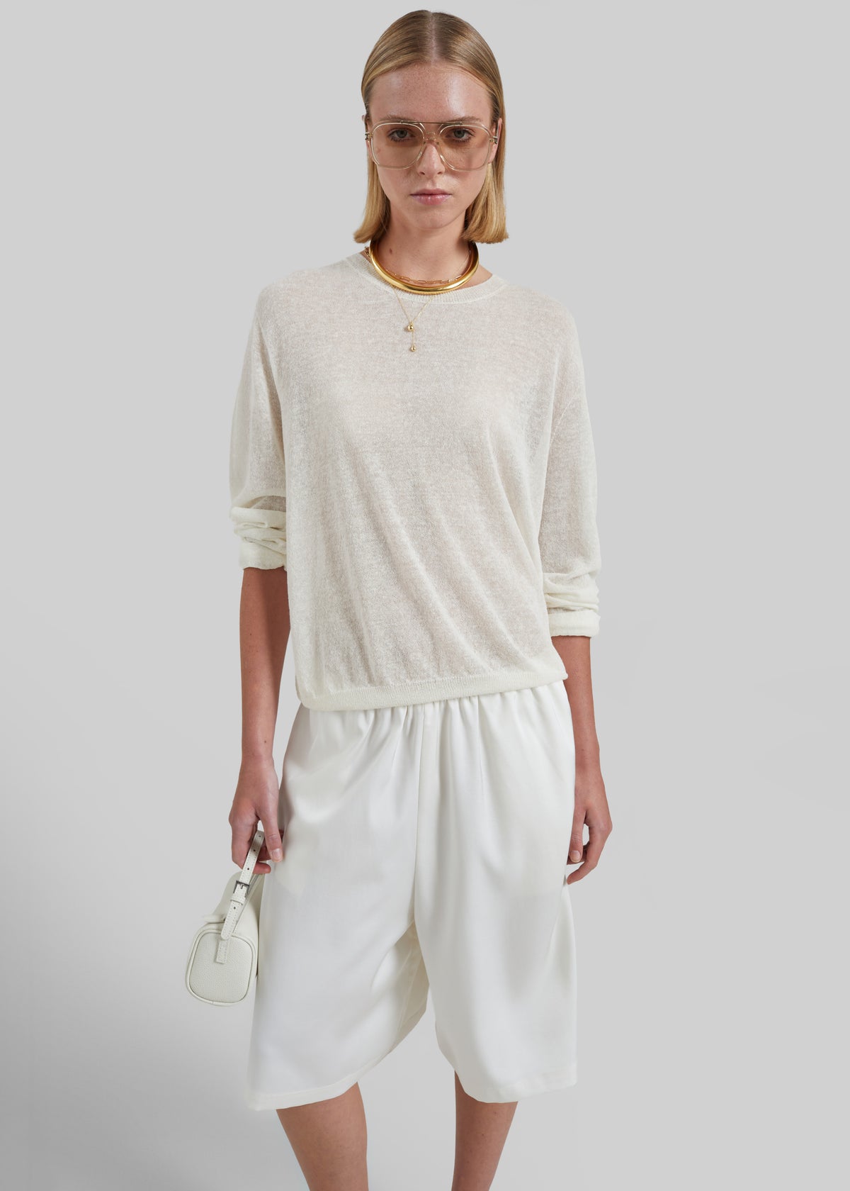Olyne Satin Wide Bermuda Shorts - Ivory - 3