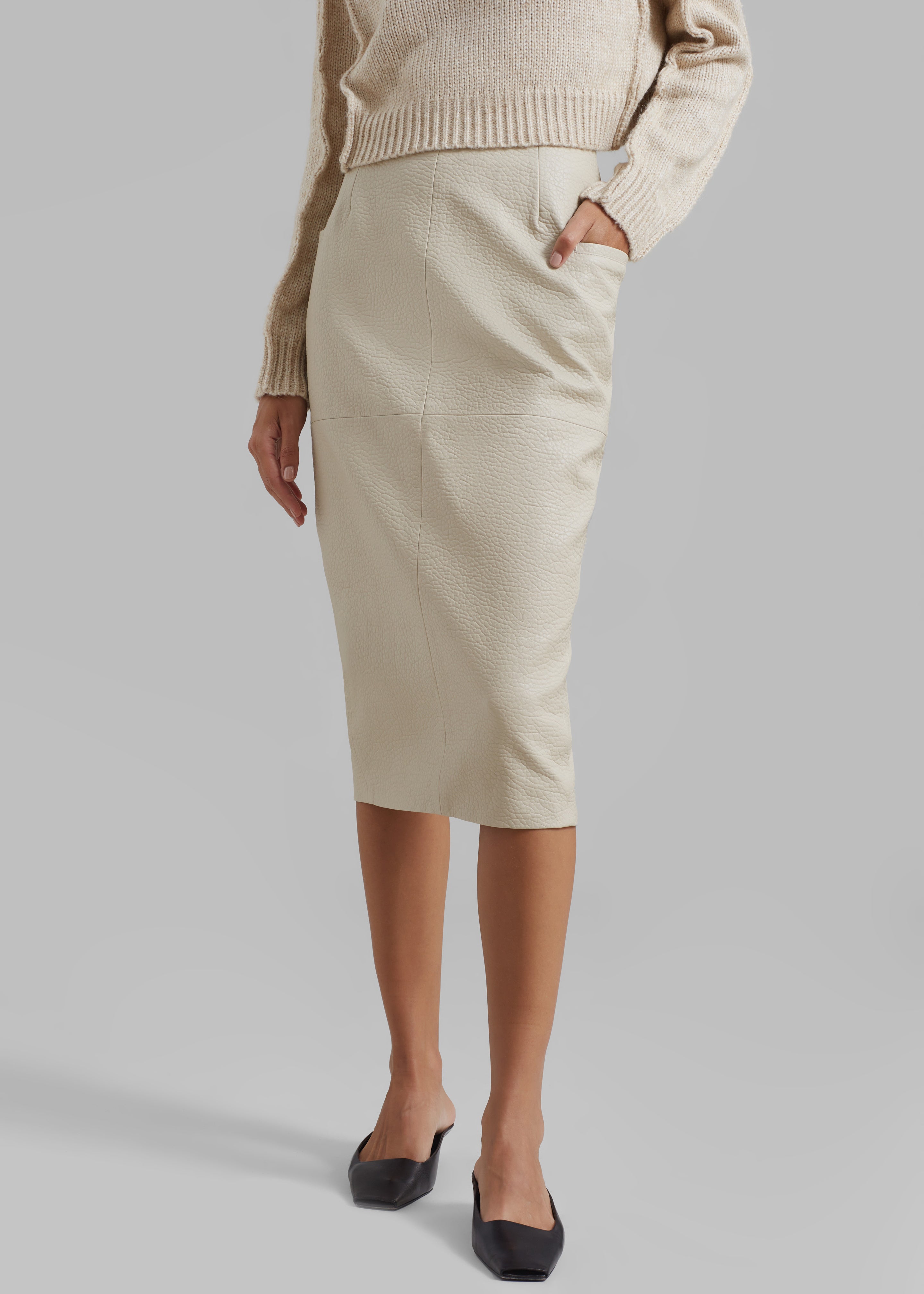 Leather midi skirt on sale cream