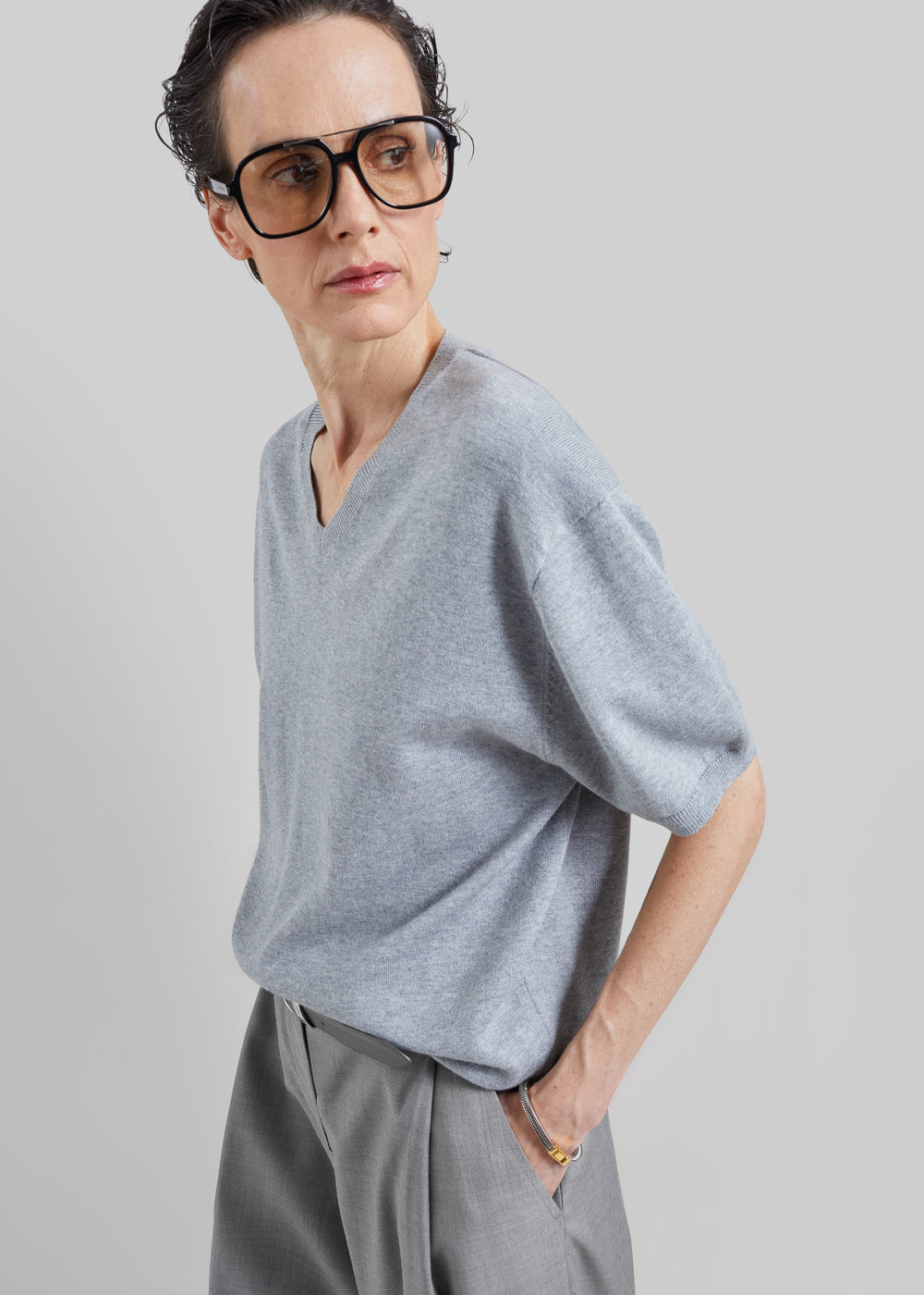 Ornan V-Neck Knit Pullover - Light Grey - 1