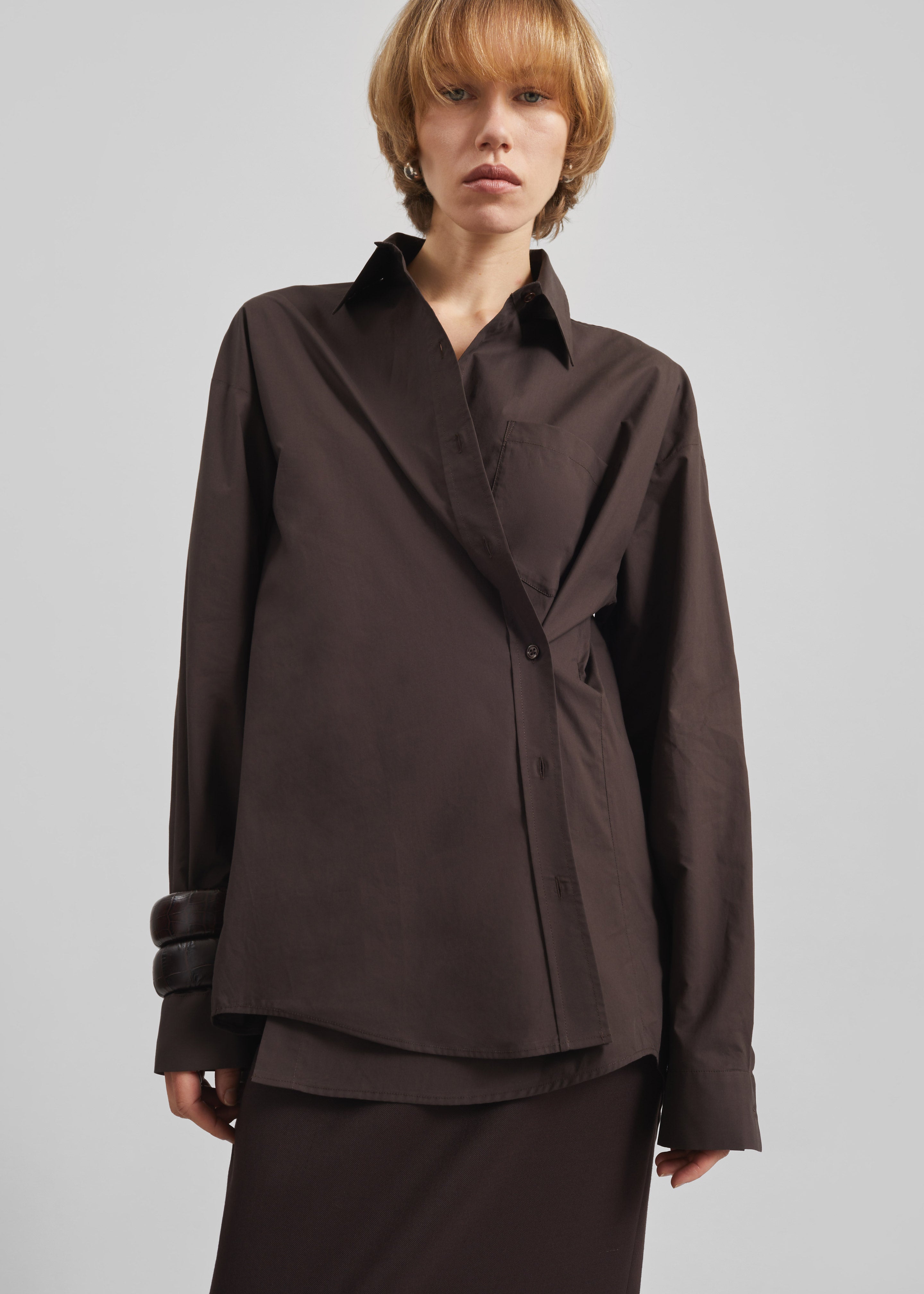 Ornella Side Button-Up Shirt - Brown - 5