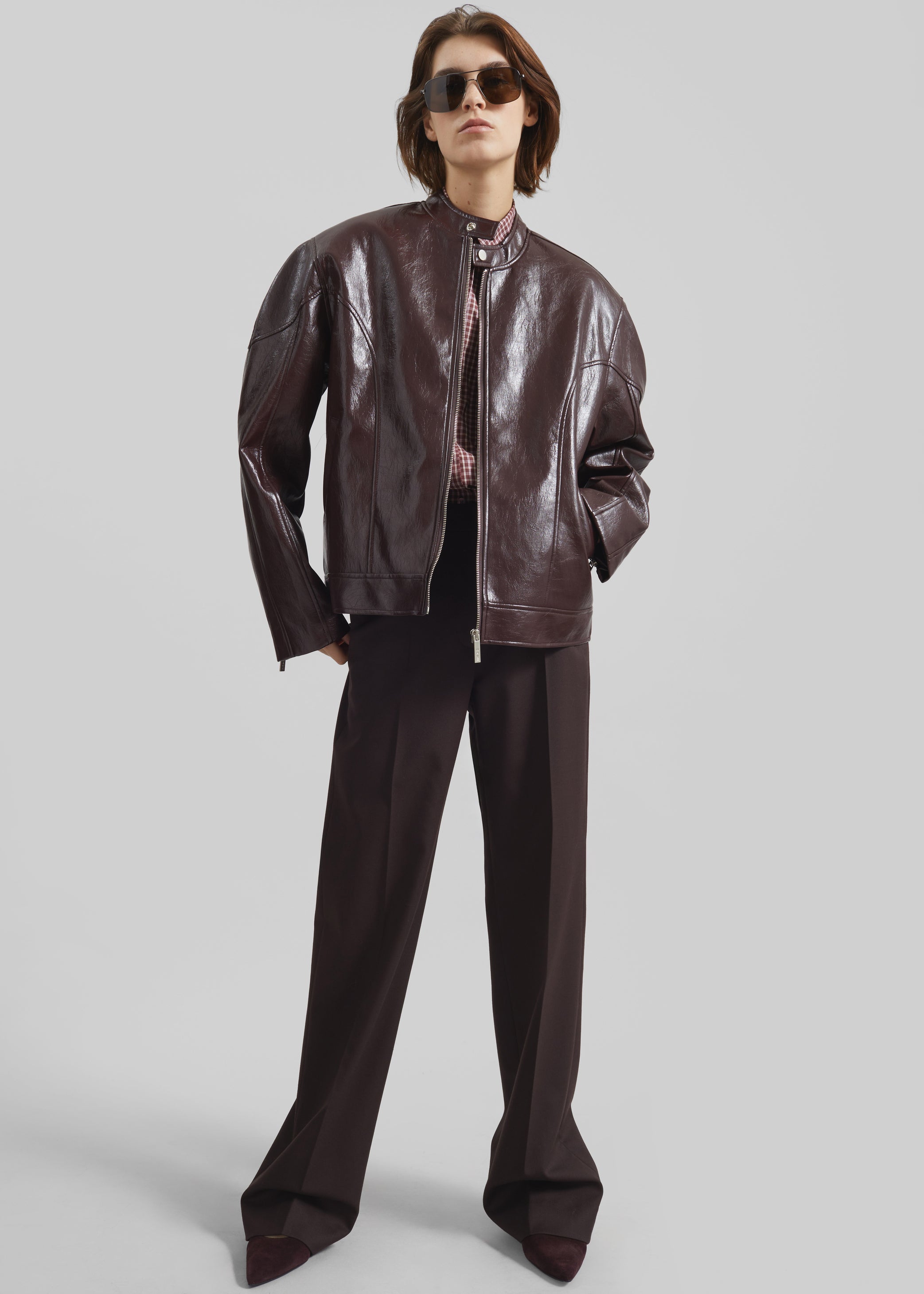 Shop the look image for Ostend Faux Leather Biker Jacket - Burgundy