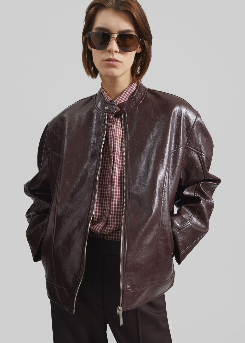 Ostend Faux Leather Biker Jacket - Burgundy