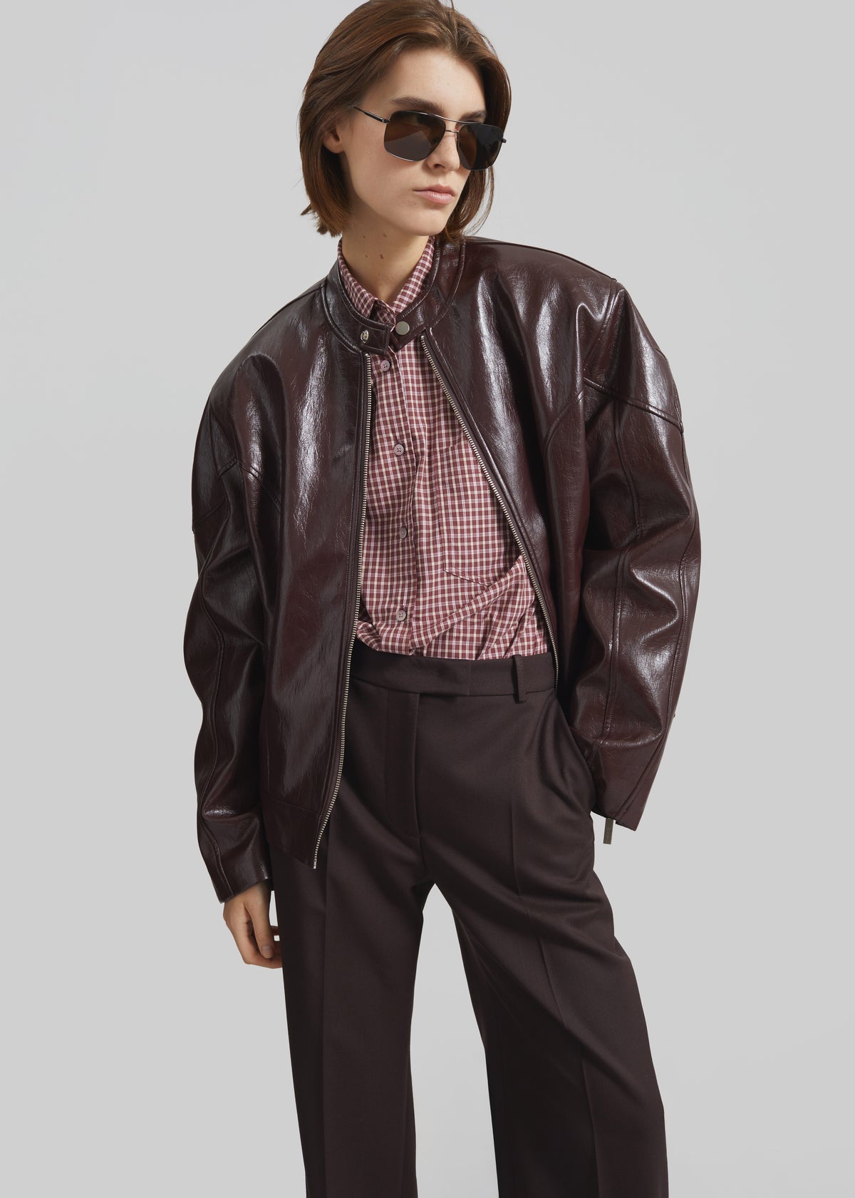 Ostend Faux Leather Biker Jacket - Burgundy - 6