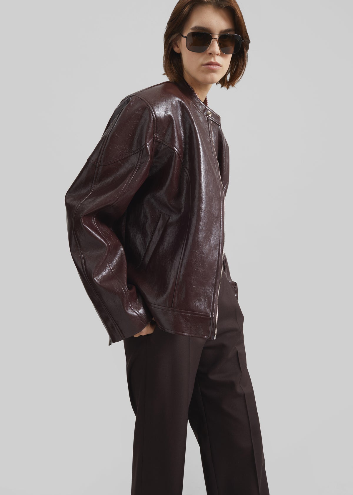 Ostend Faux Leather Biker Jacket - Burgundy - 3