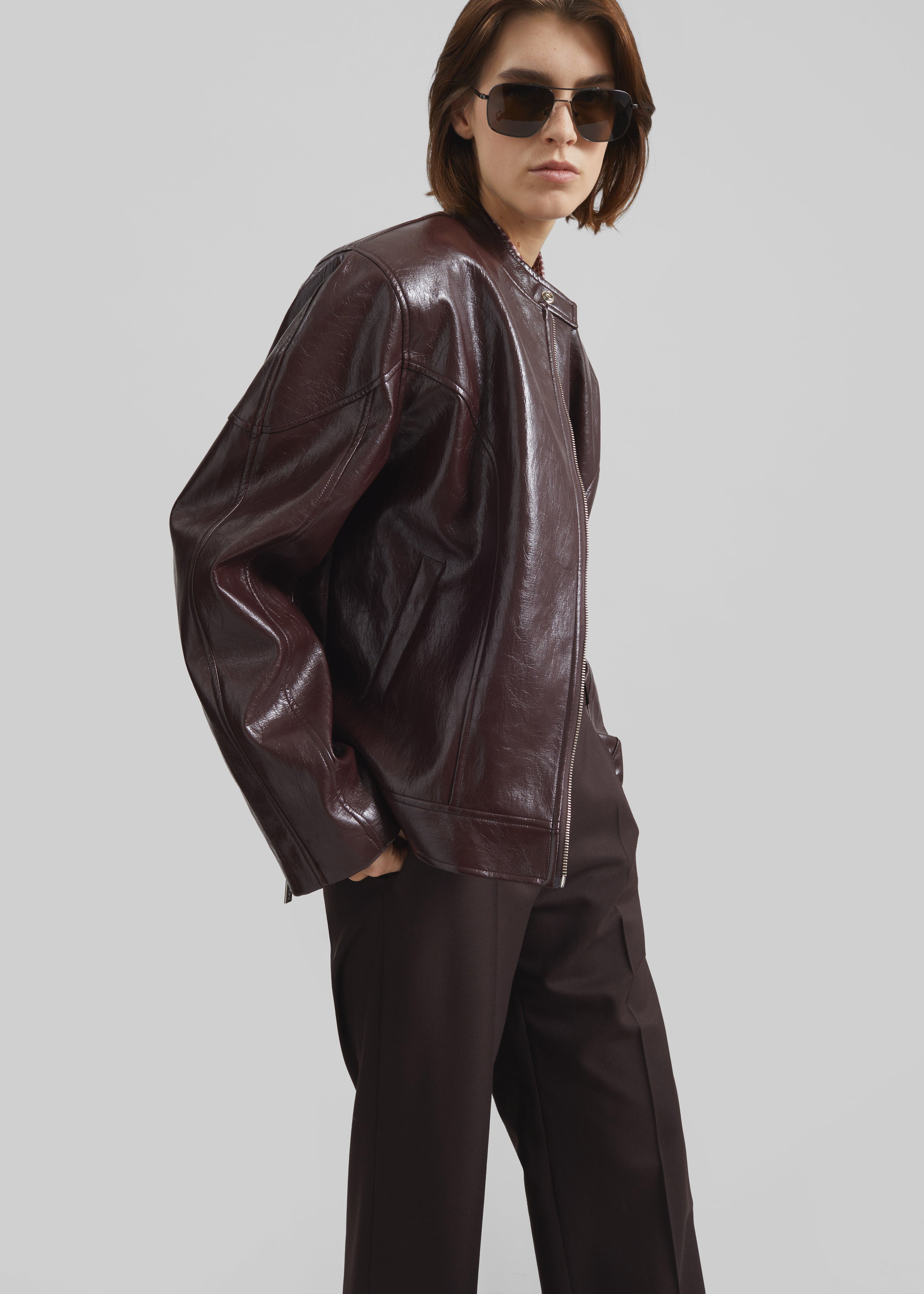 Ostend Faux Leather Biker Jacket - Burgundy - 3