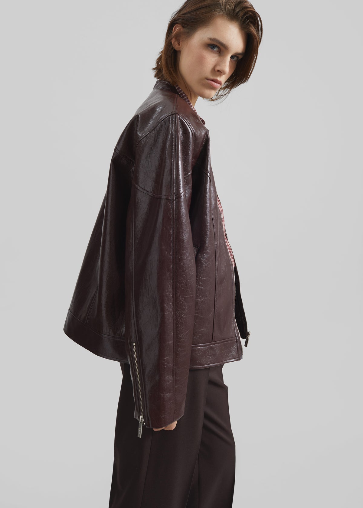 Ostend Faux Leather Biker Jacket - Burgundy - 7