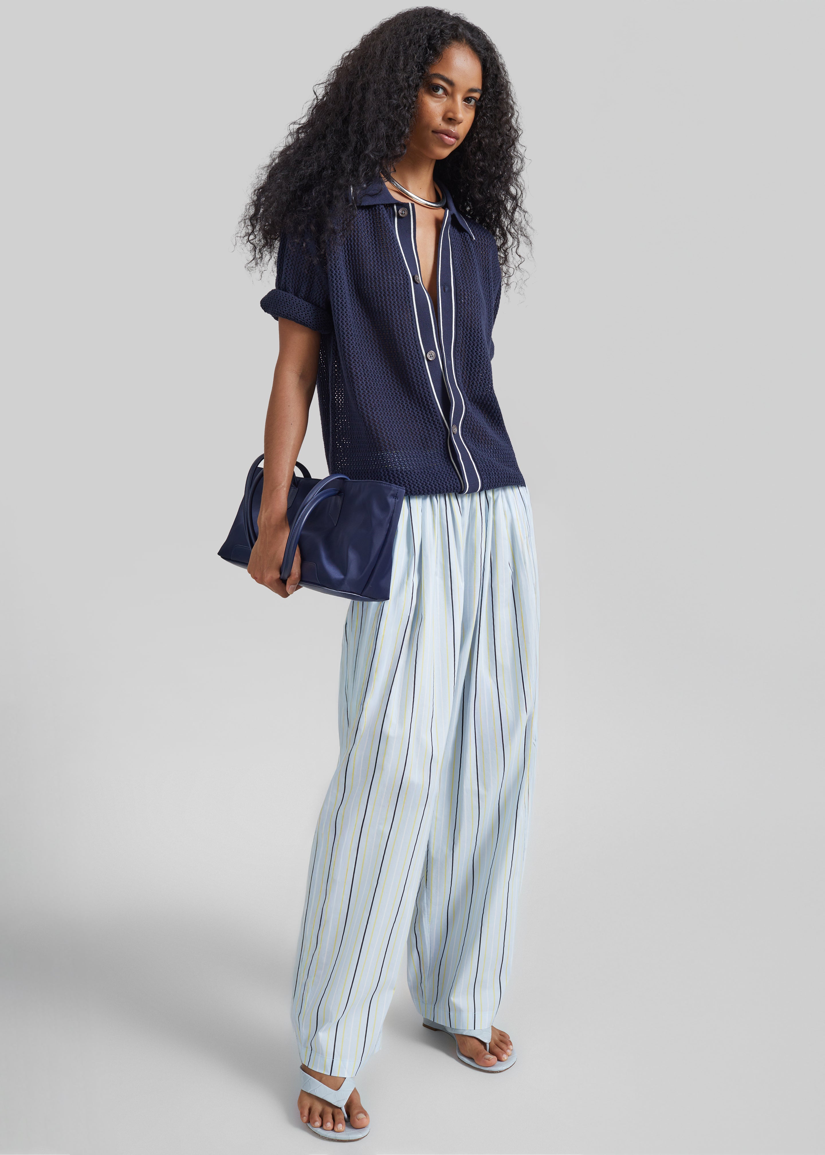 Otranto Cotton Barrel Leg Pants - Blue Multi Stripe - 1