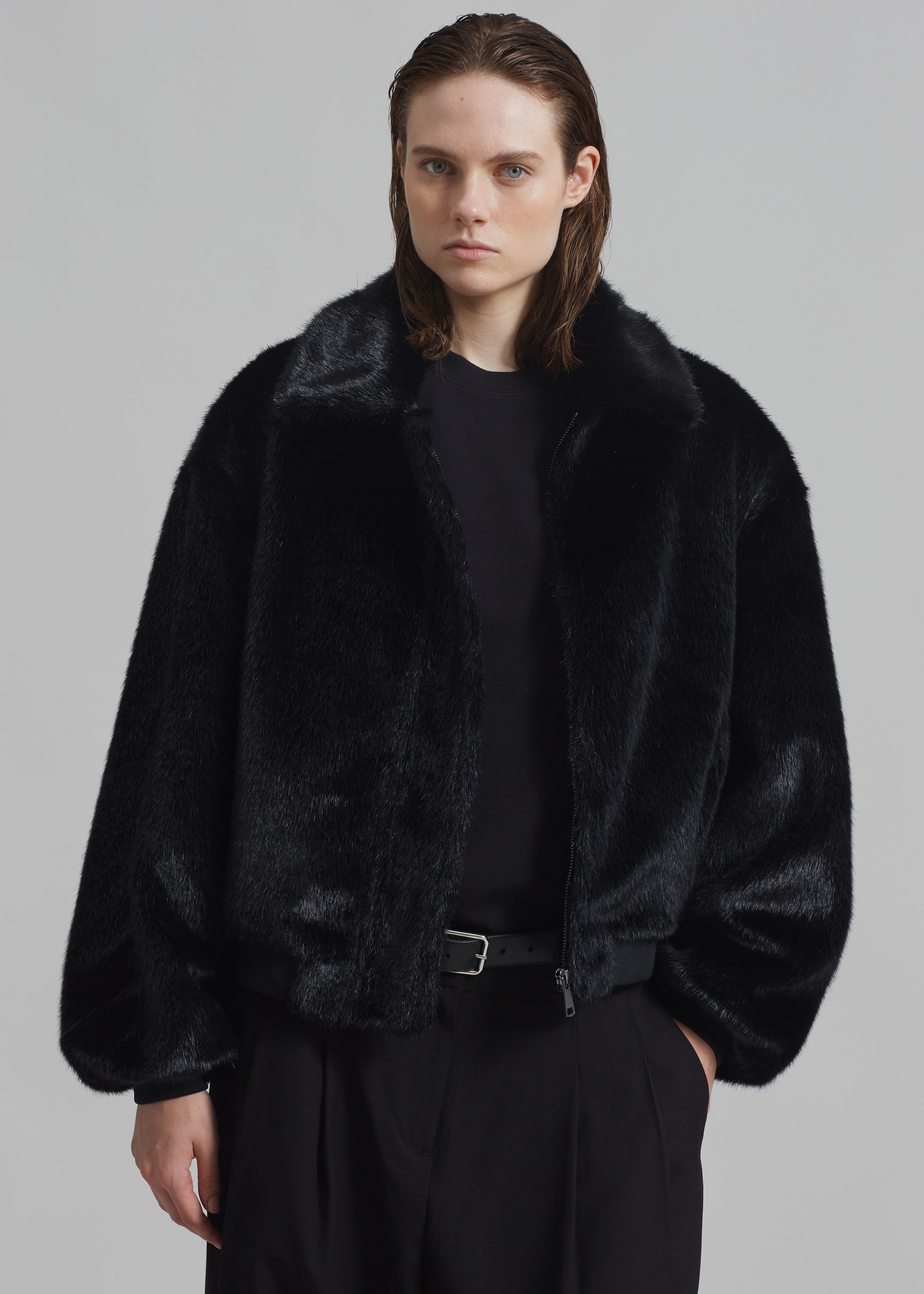 black faux fur bomber coat