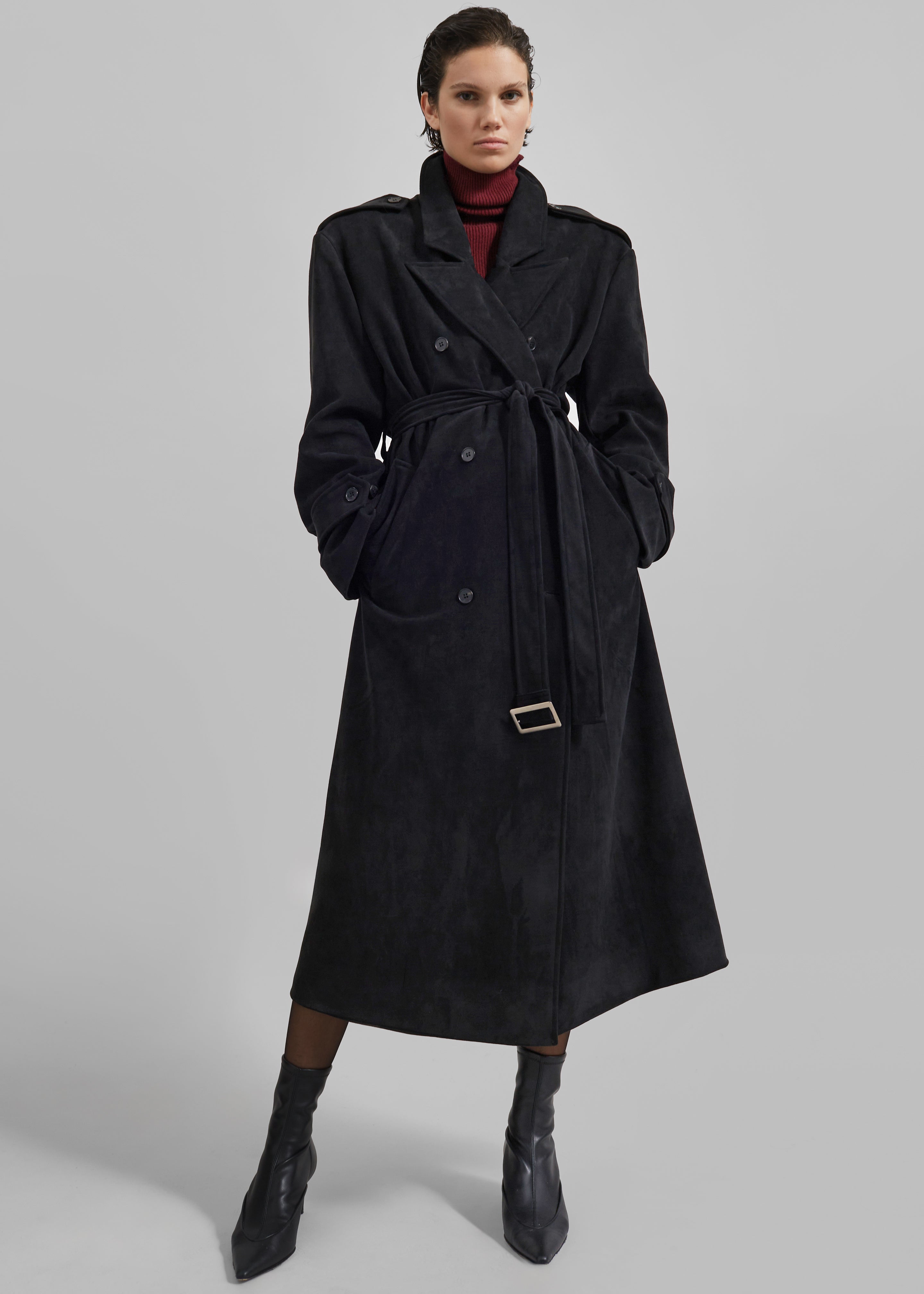 Peoria Faux Suede Trench Coat - Black - 2