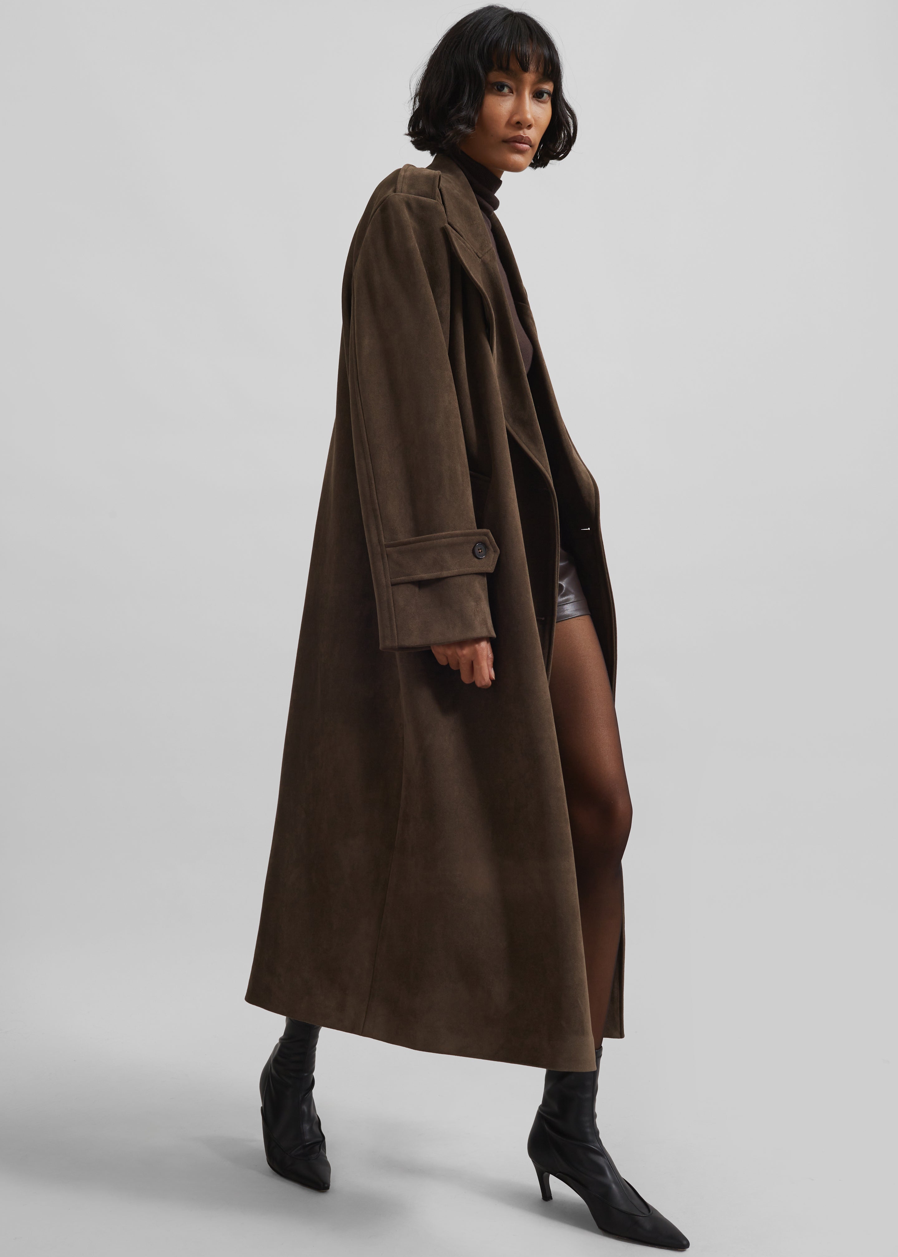 Peoria Faux Suede Trench Coat - Brown - 5