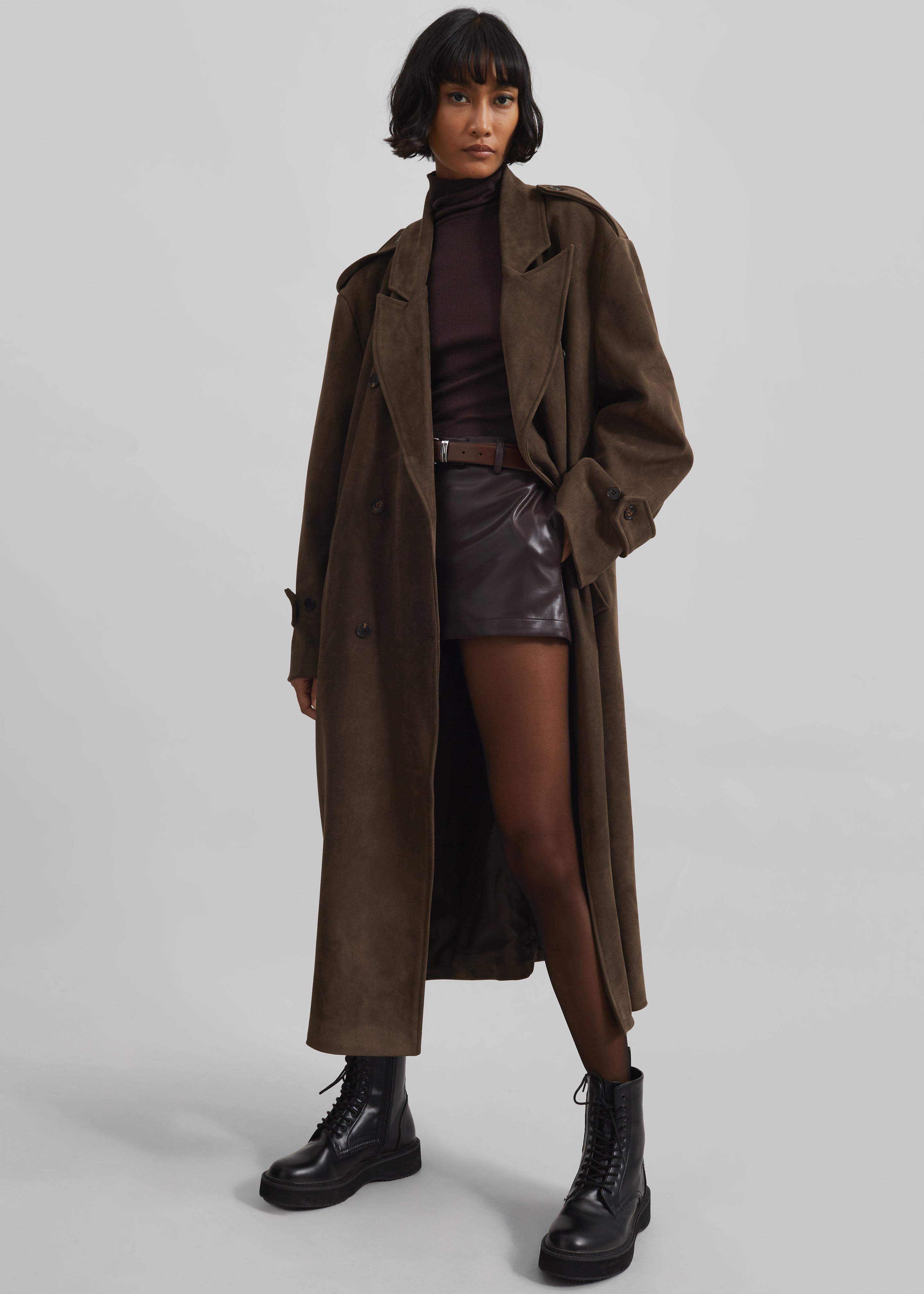 Peoria Faux Suede Trench Coat - Brown - 1