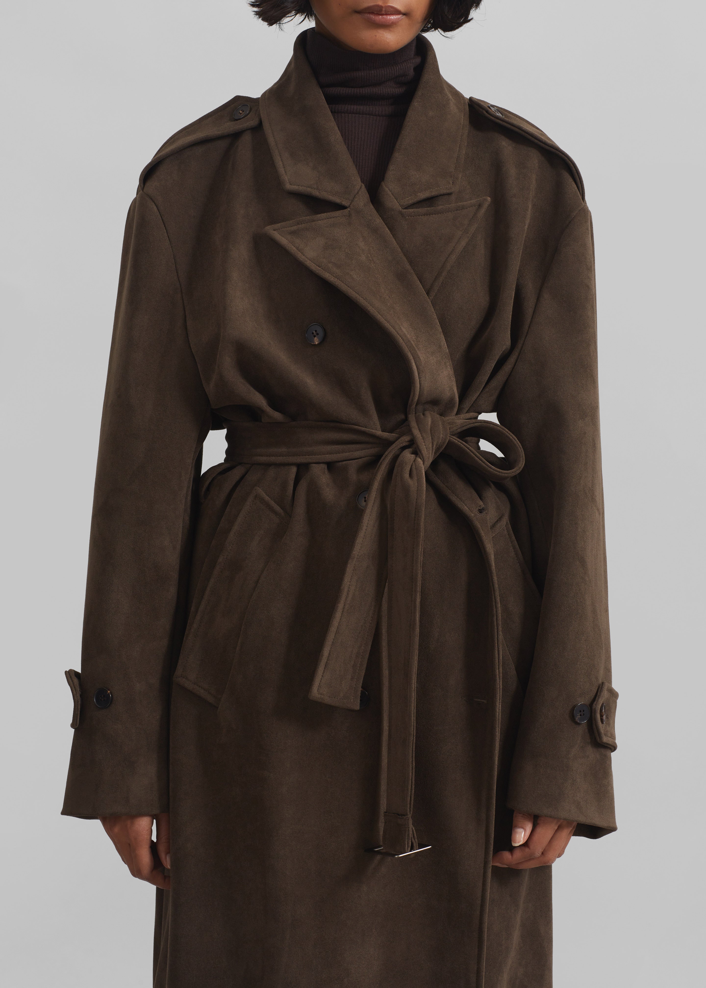 Peoria Faux Suede Trench Coat - Brown - 3