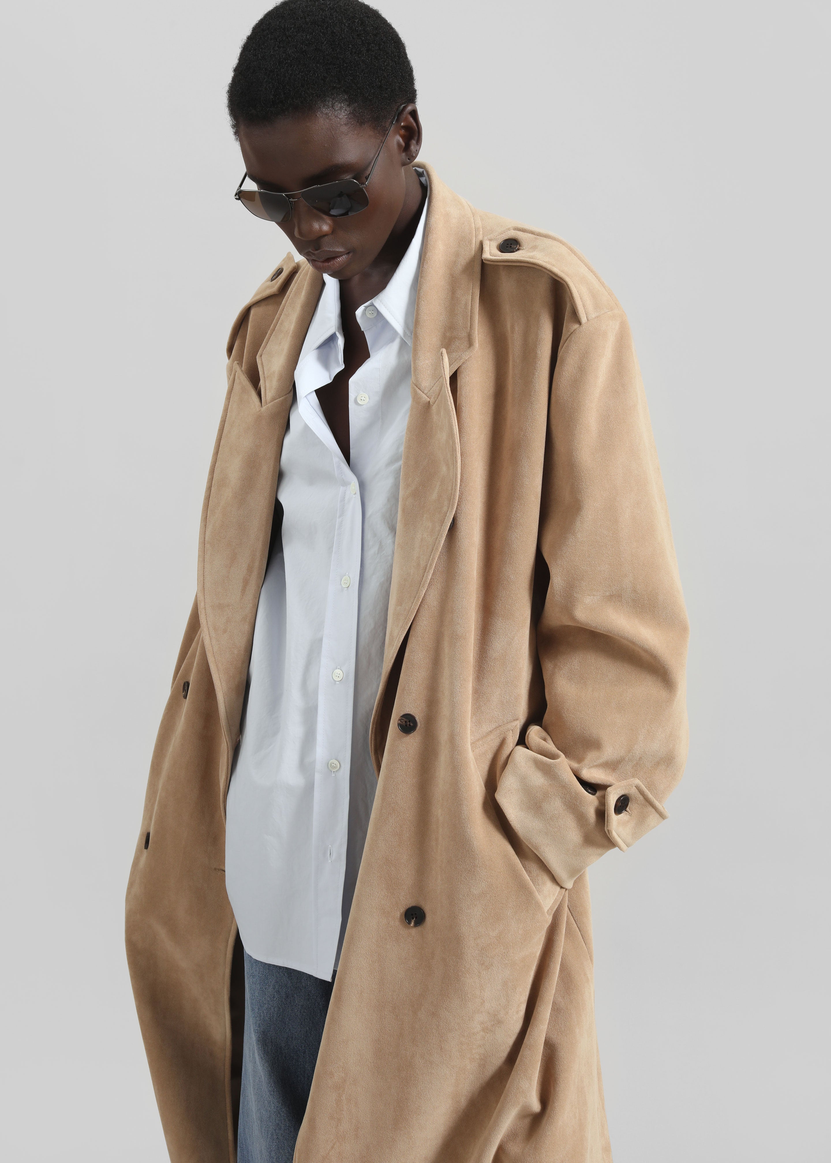 Peoria Faux Suede Trench Coat - Camel - 2