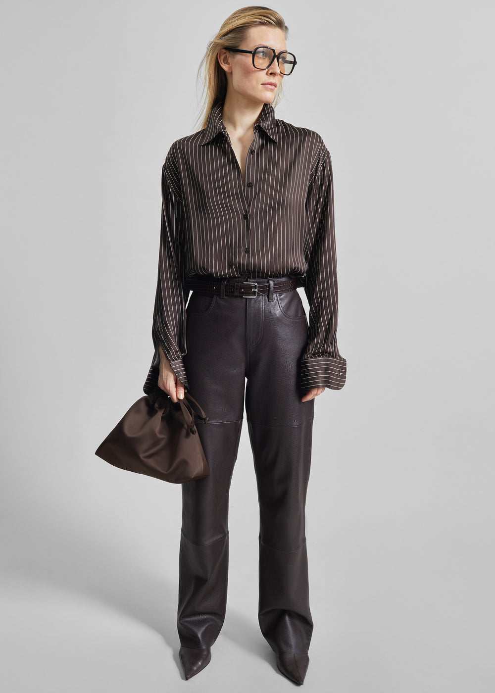 Peri Satin Fluid Shirt - Brown/White Pinstripe - 1