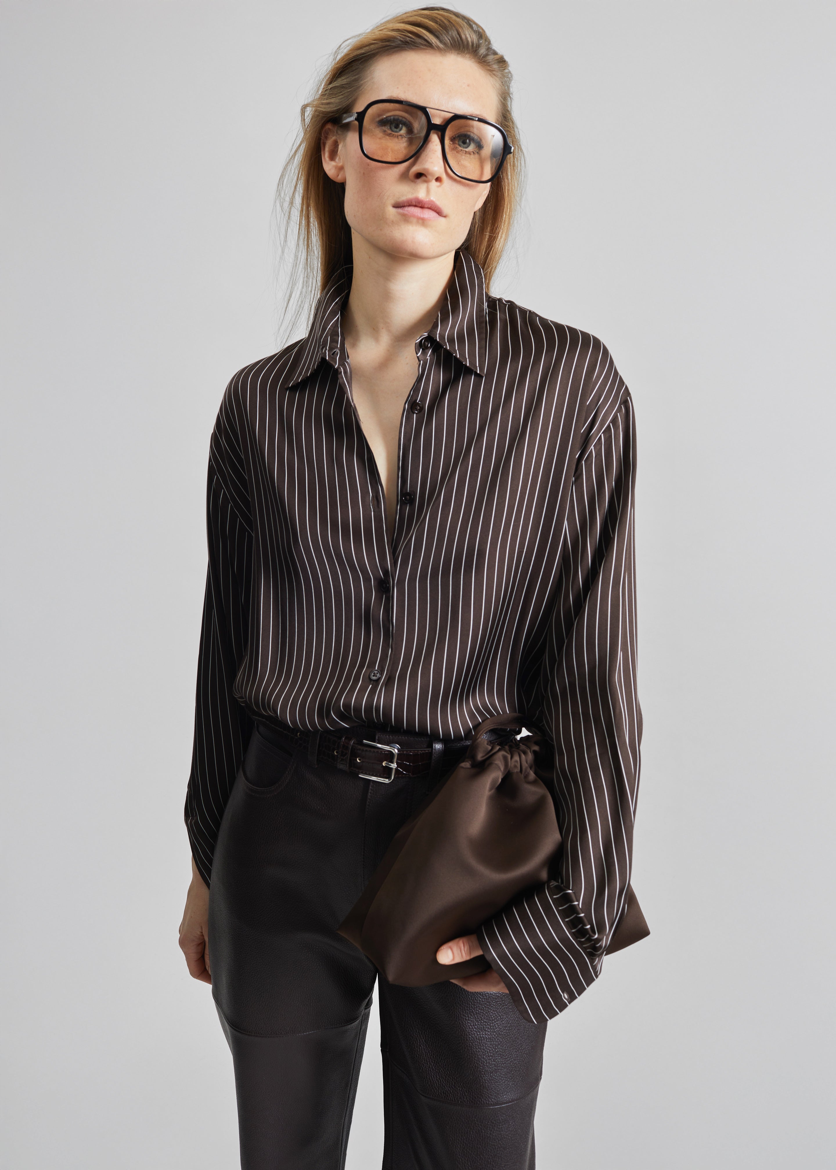 Peri Satin Fluid Shirt - Brown/White Pinstripe - 3