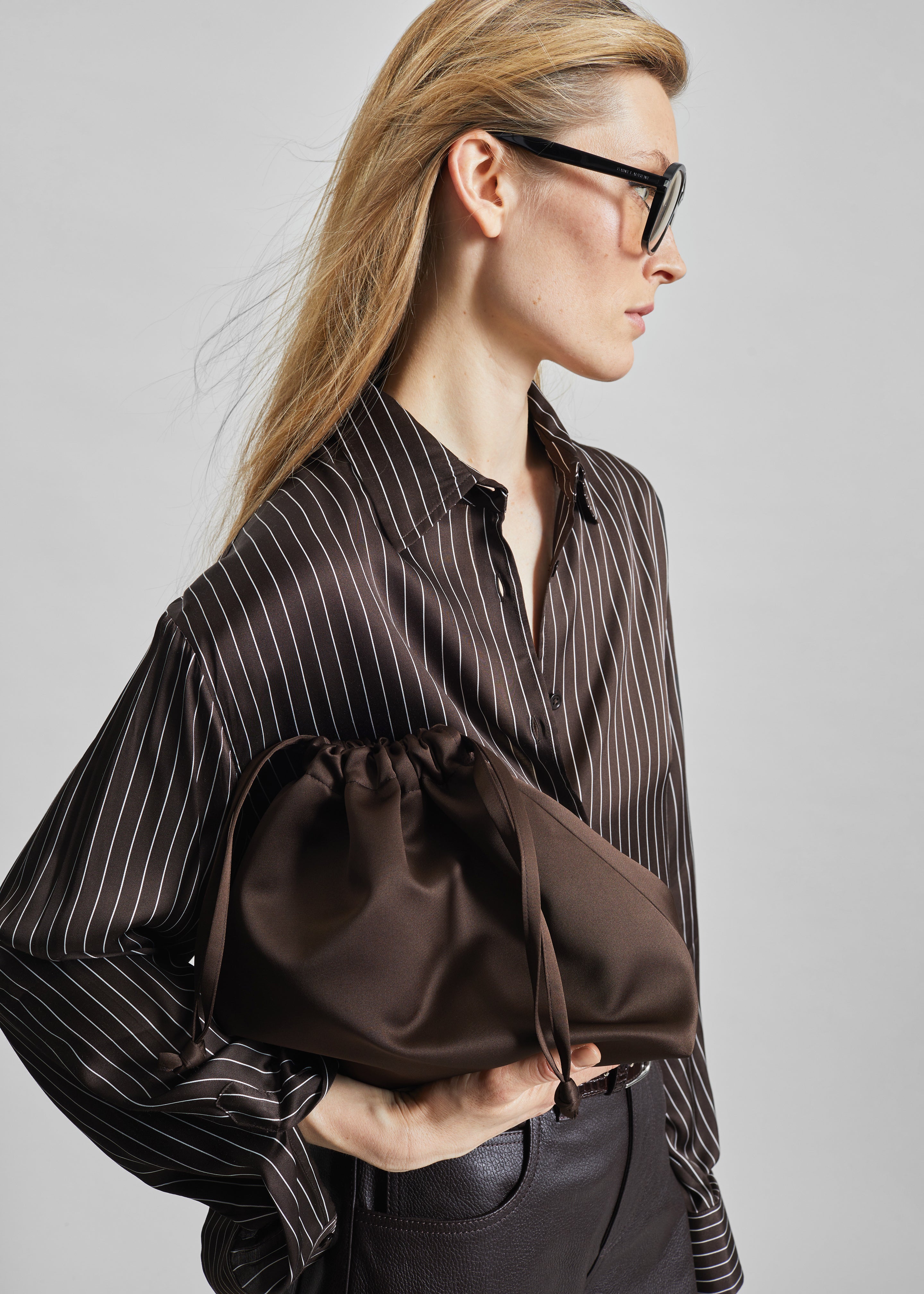 Peri Satin Fluid Shirt - Brown/White Pinstripe - 5