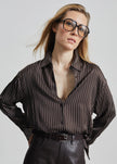 Peri Satin Fluid Shirt - Brown/White Pinstripe