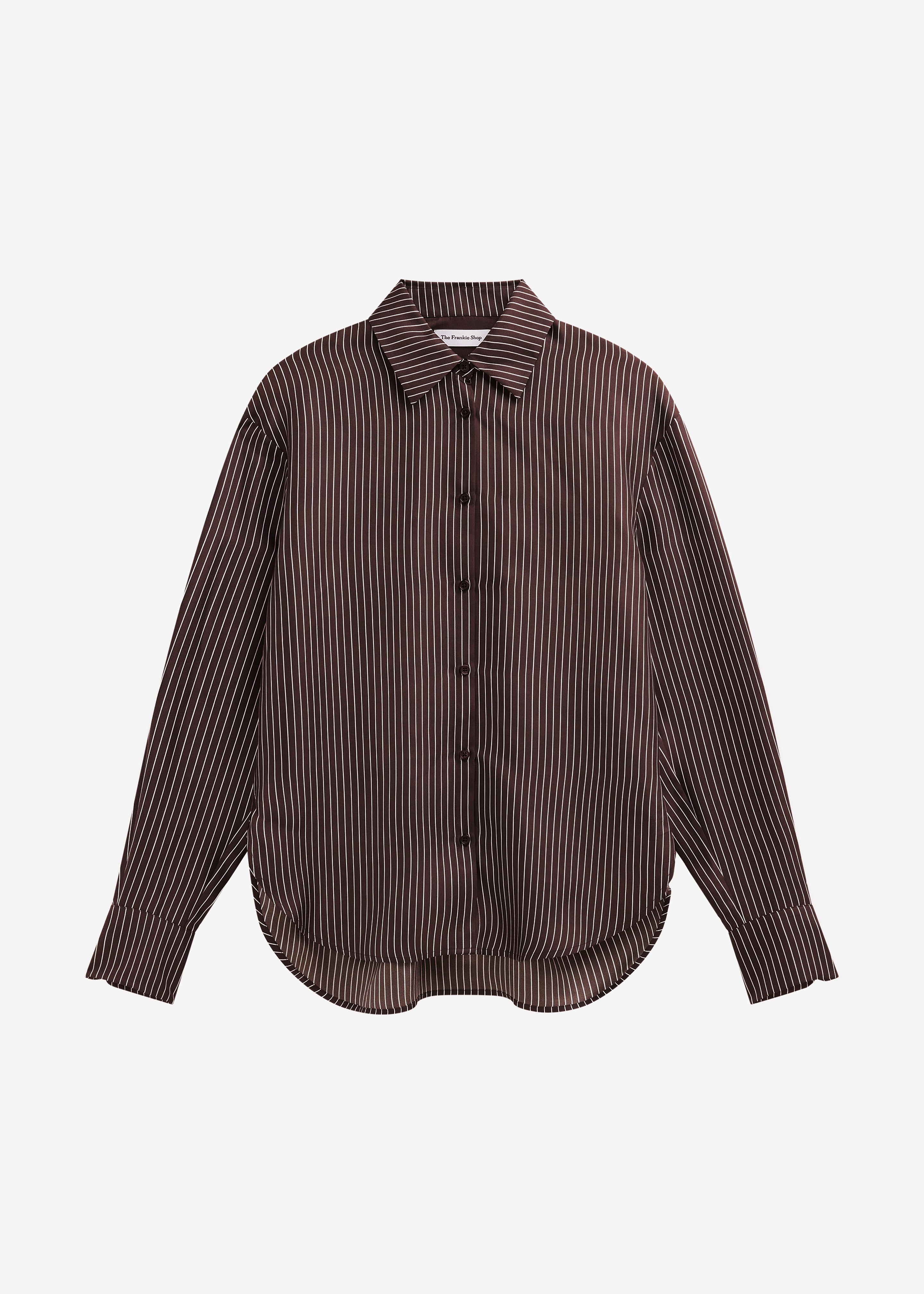rosy monster kale frill stripe shirtブラウン Peri Satin Fluid Shirt - Brown/White Pinstripe – The Frankie Shop