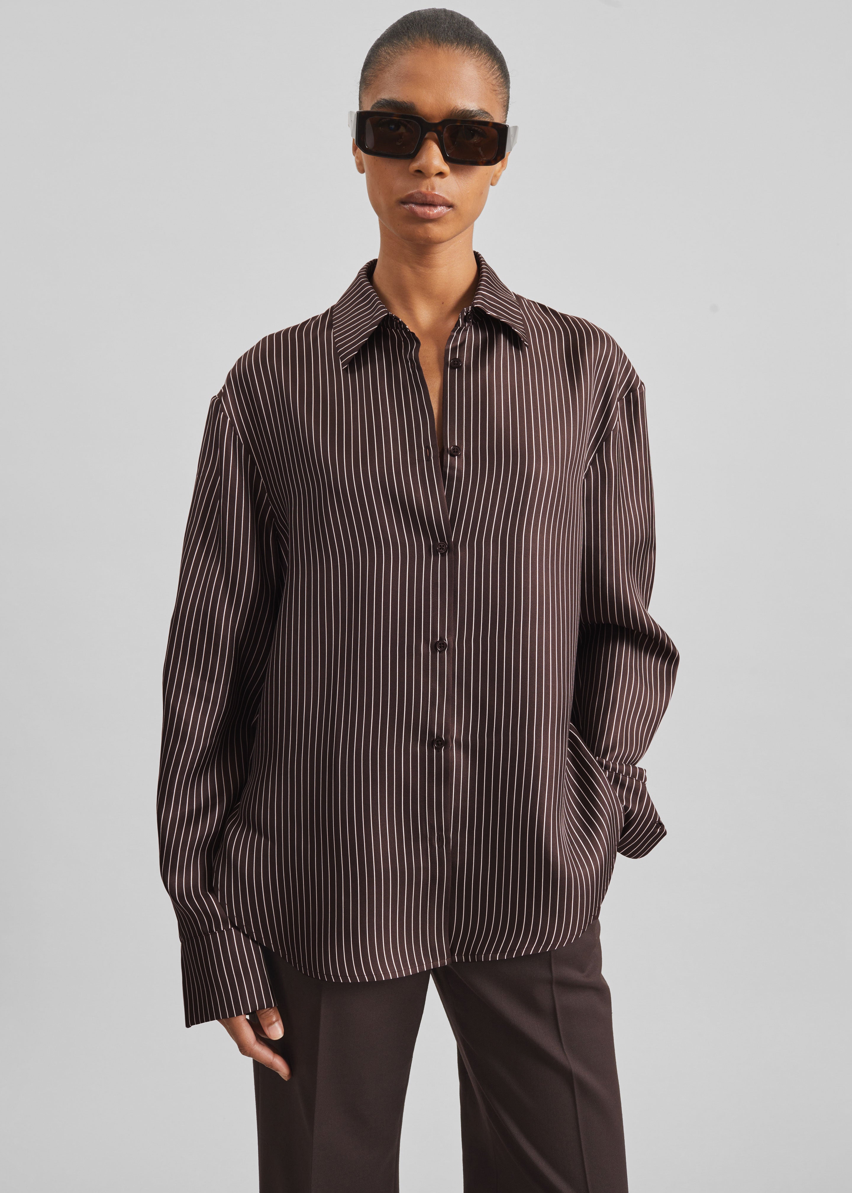Peri Satin Fluid Shirt - Brown/White Pinstripe – The Frankie Shop