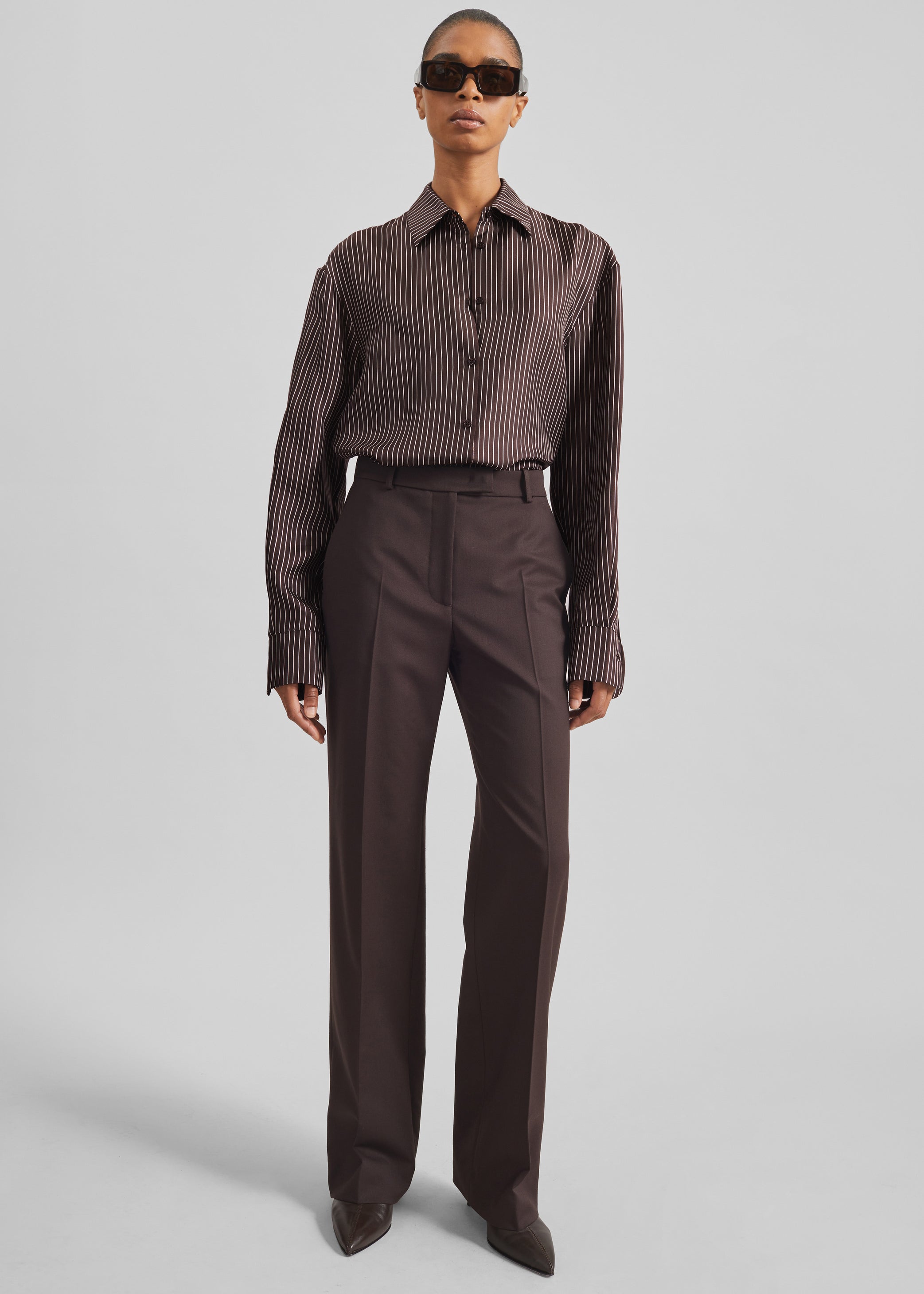 Shop the look image for Peri Satin Fluid Shirt - Brown/White Pinstripe