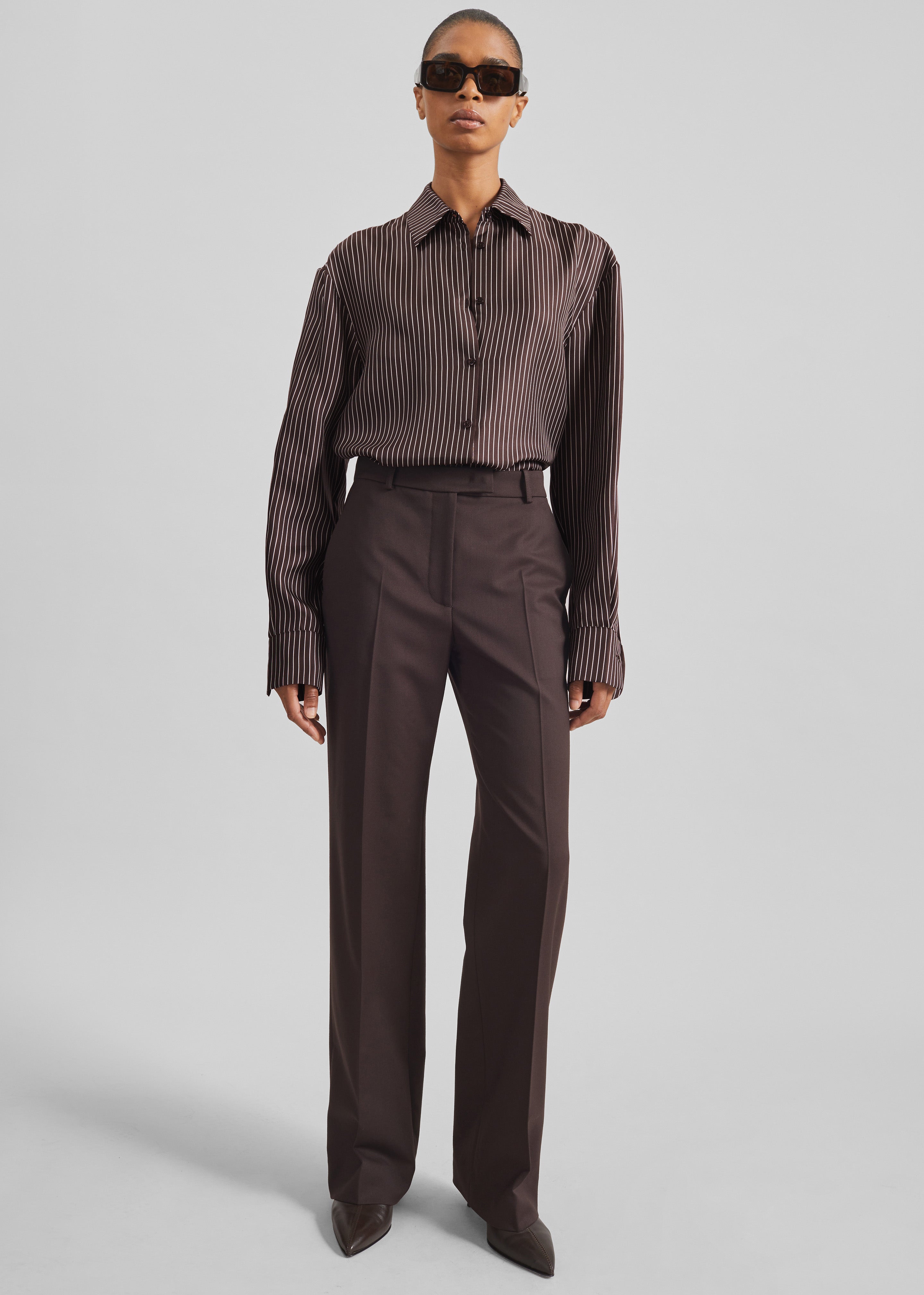 Peri Satin Fluid Shirt - Brown/White Pinstripe - 7