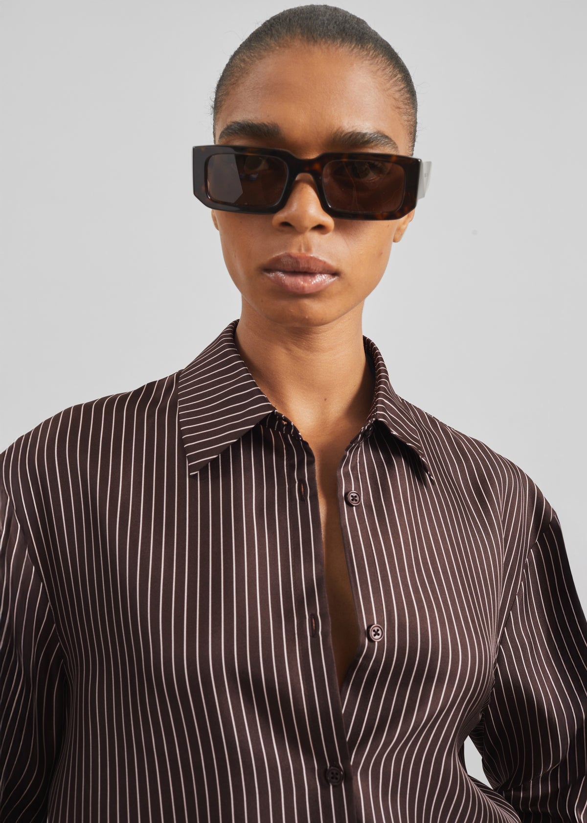 Peri Satin Fluid Shirt - Brown/White Pinstripe - 6