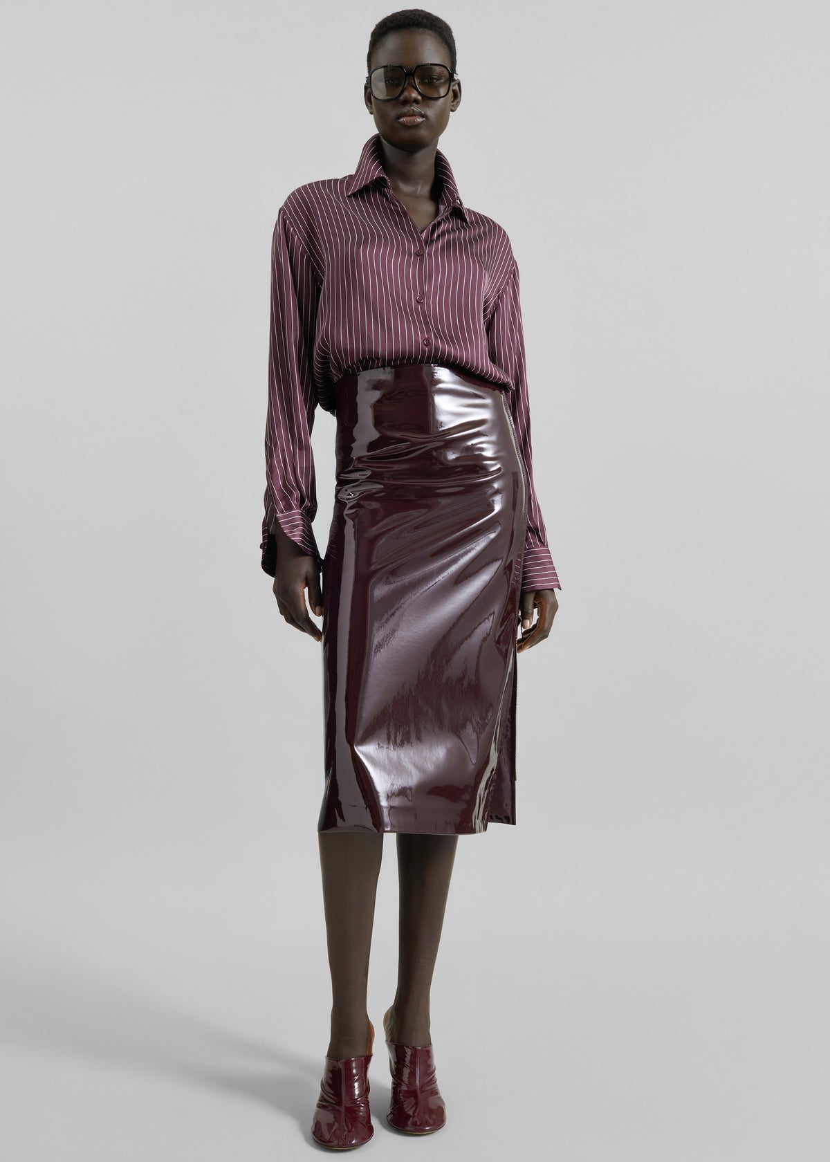 Peri Satin Fluid Shirt - Burgundy/White Pinstripe - 5