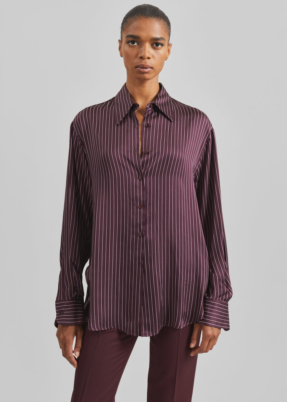 Peri Satin Fluid Shirt - Burgundy/White Pinstripe - 1