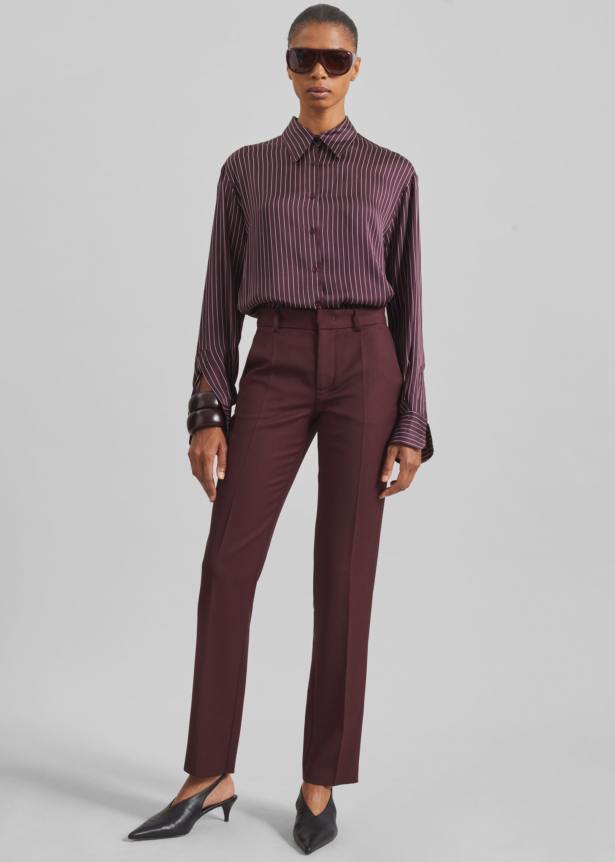 Shop the look image for Peri Satin Fluid Shirt - Burgundy/White Pinstripe