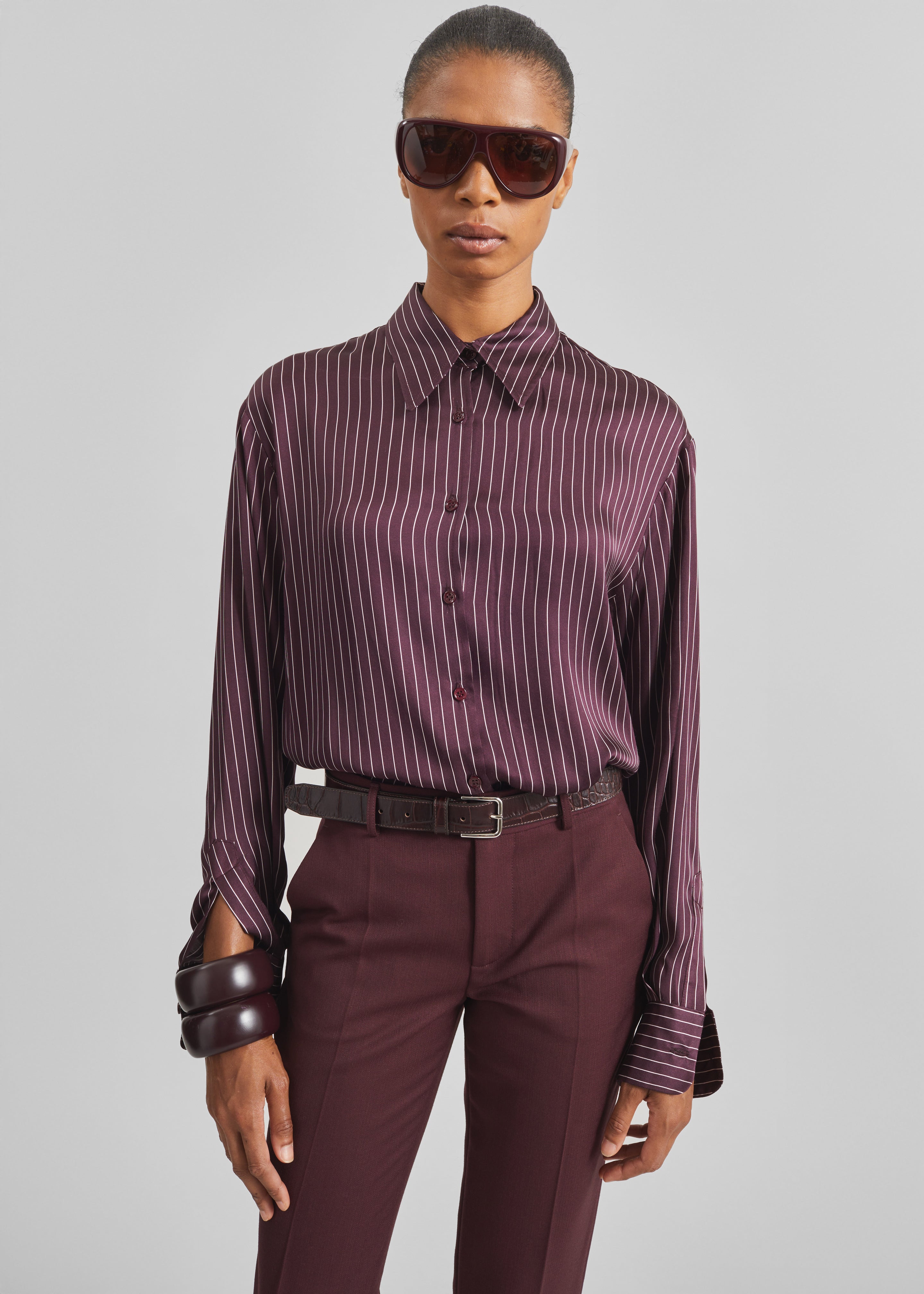 Peri Satin Fluid Shirt - Burgundy/White Pinstripe – The Frankie Shop