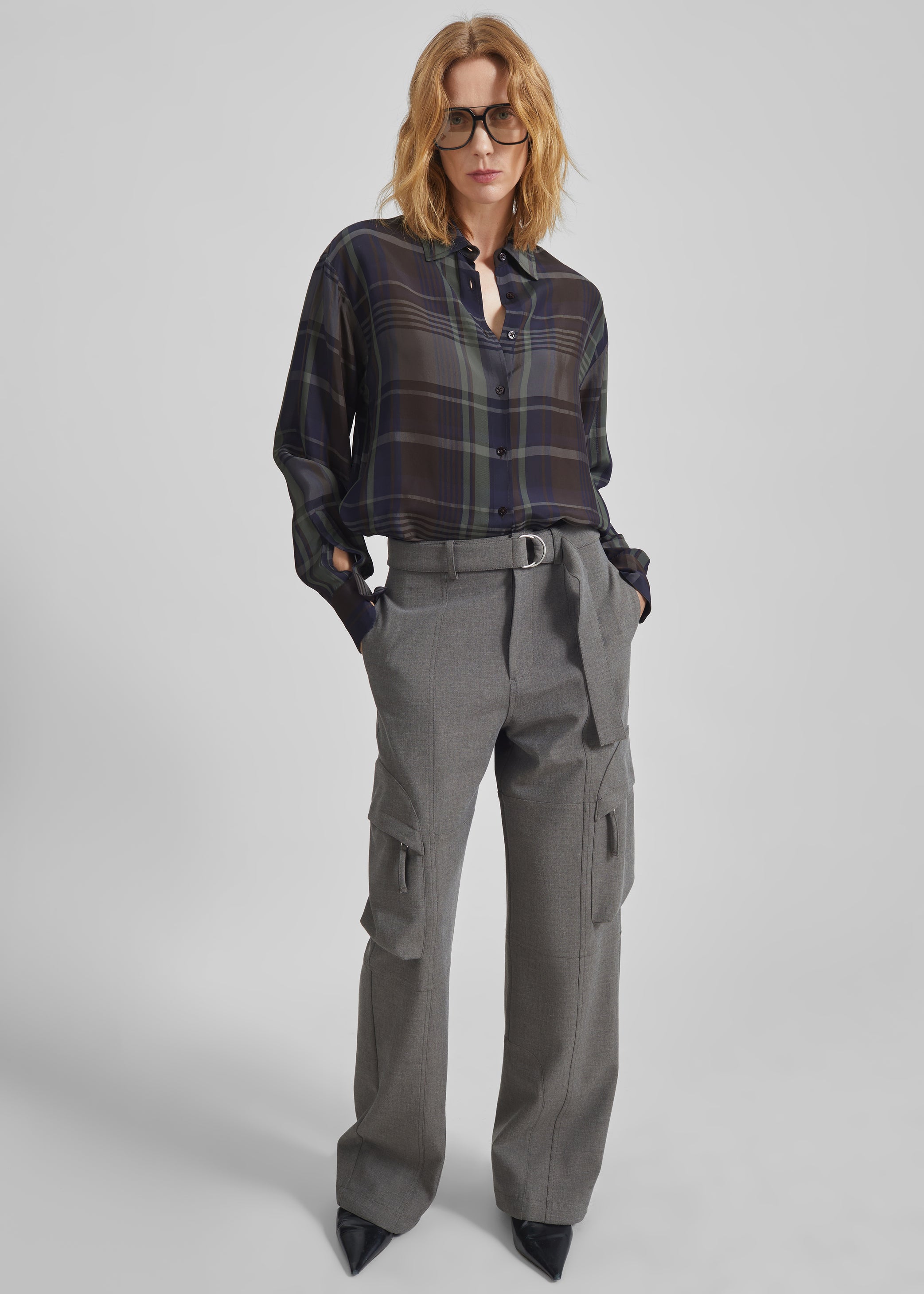 Shop the look image for Peri Sheer Fluid Shirt - Navy Tartan
