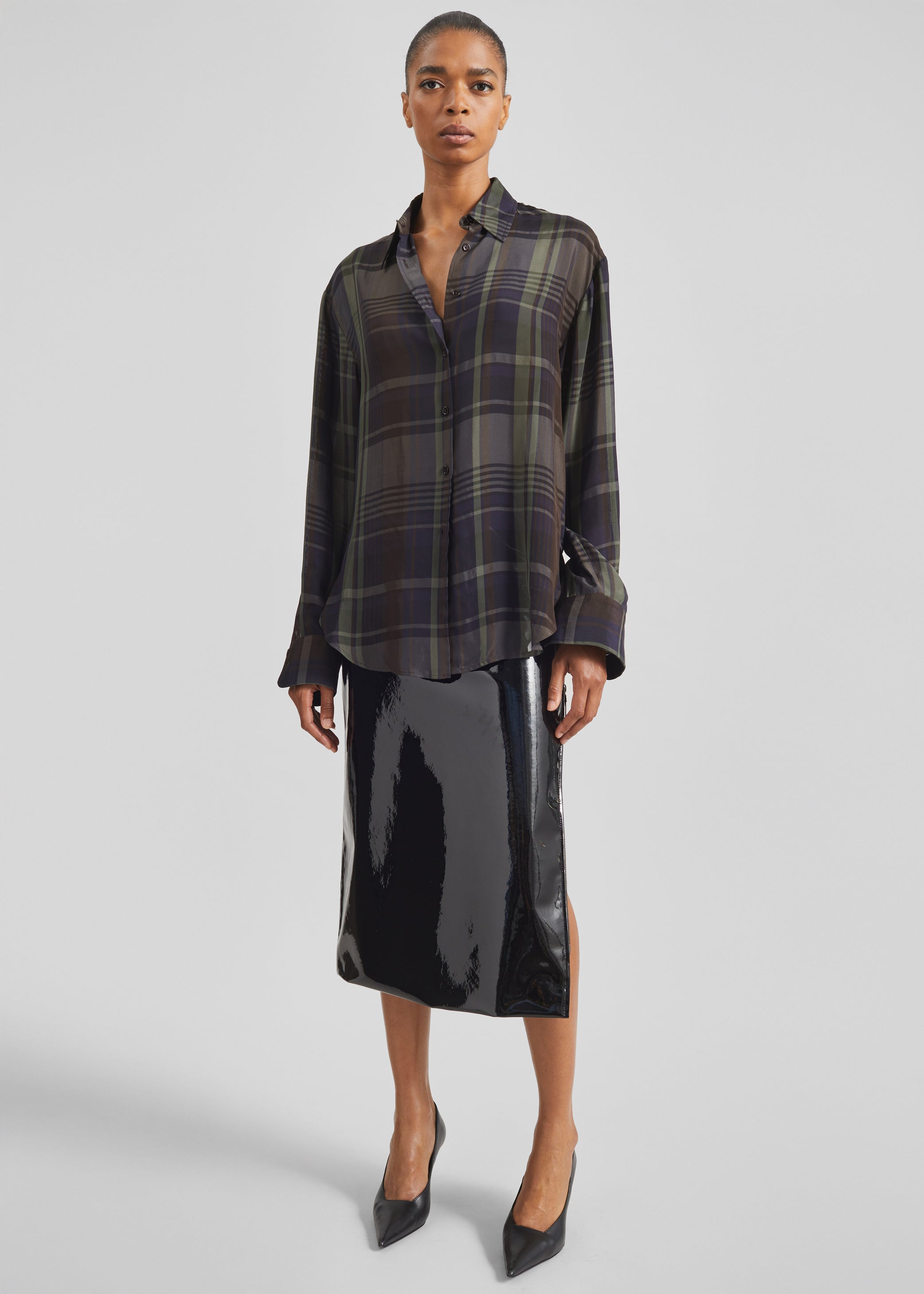 Shop the look image for Peri Sheer Fluid Shirt - Navy Tartan